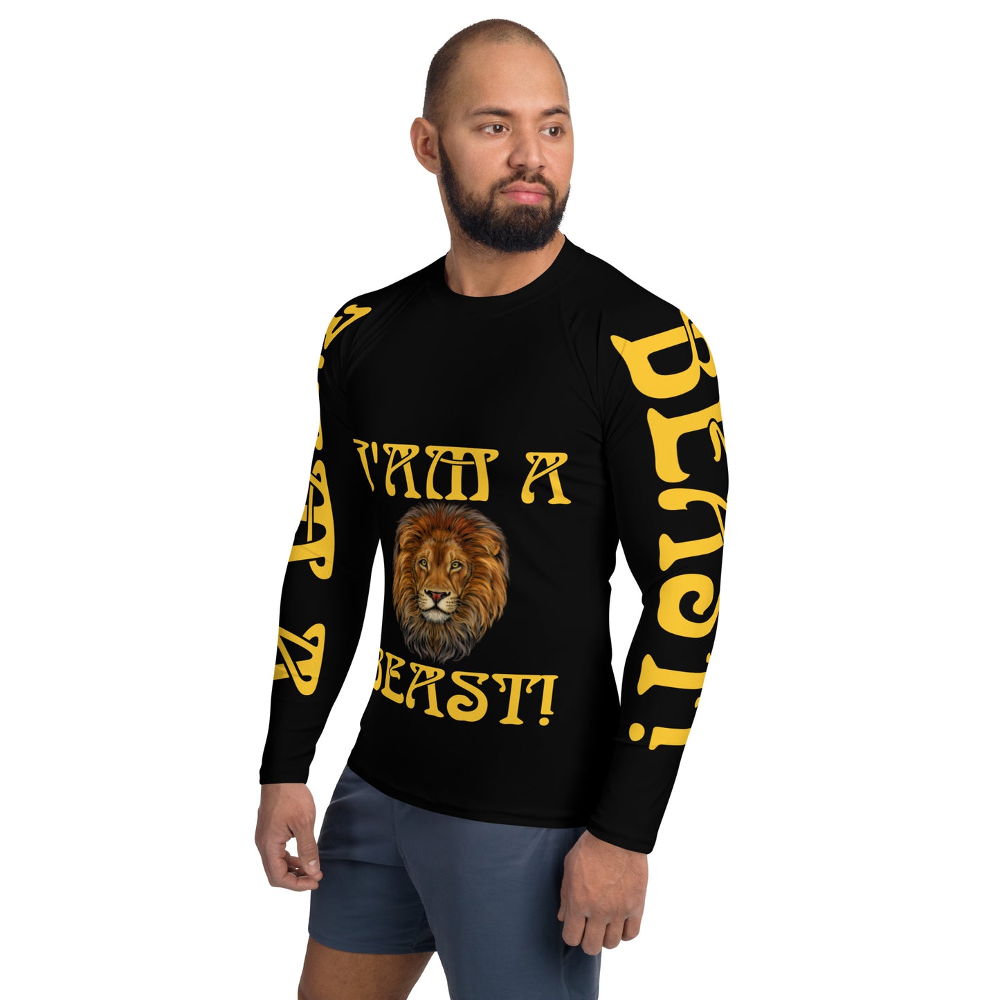 “I’AM A BEAST!”Black Men's Rash Guard W/Yellow Font
