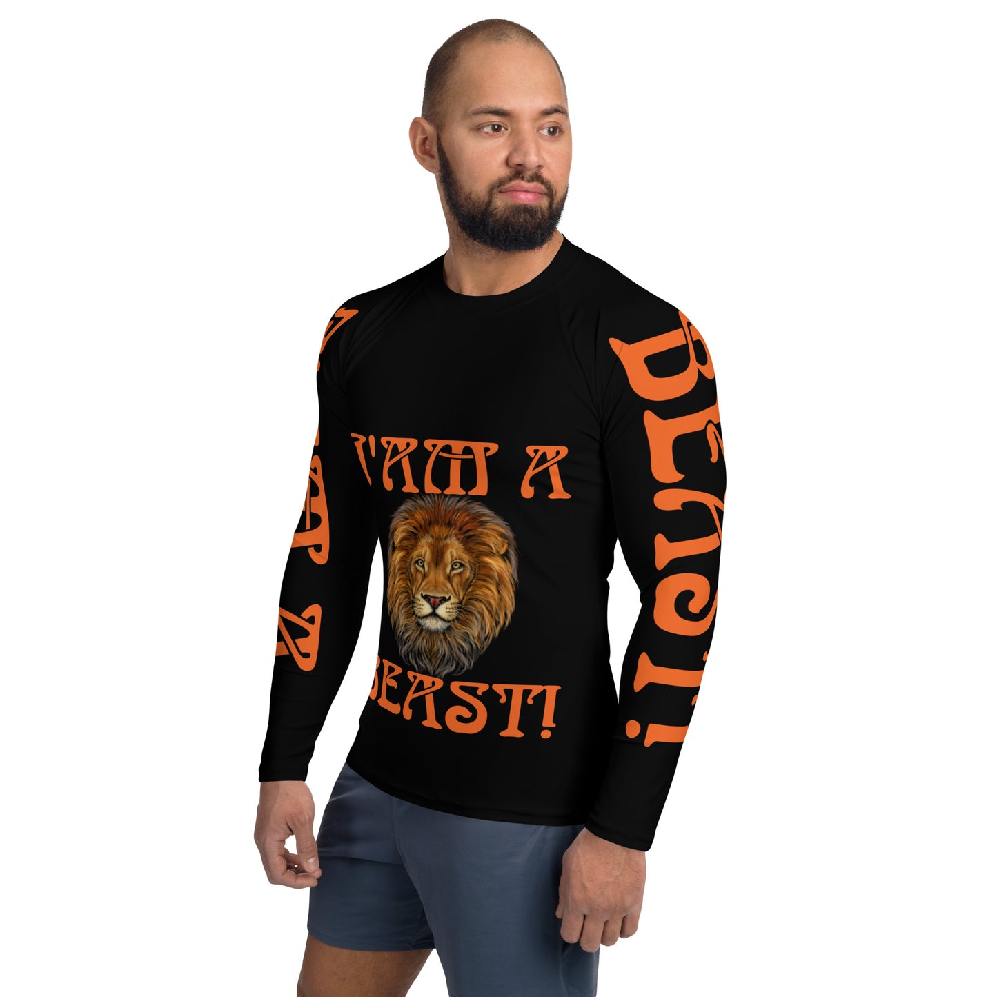“I’AM A BEAST!”Black Men's Rash Guard W/Orange Font