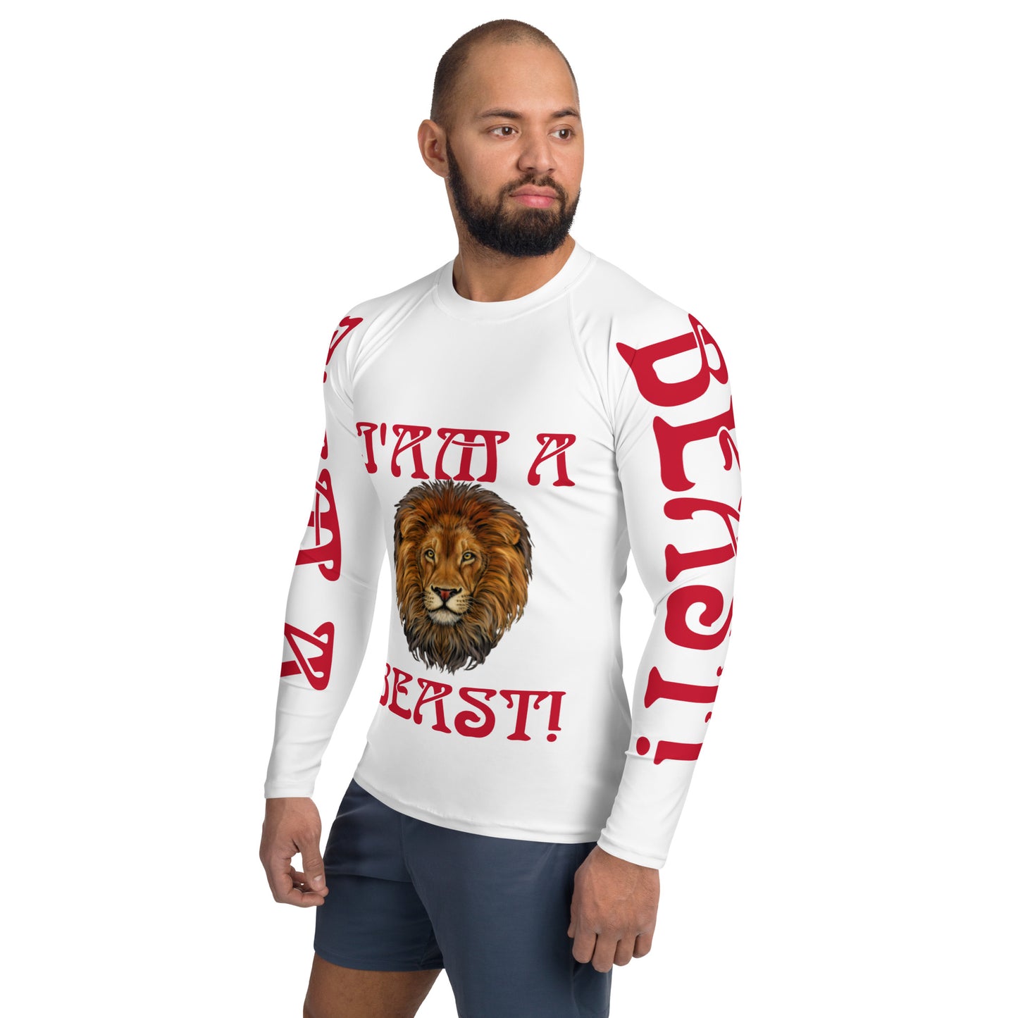 “I’AM A BEAST!”White Men's Rash Guard W/Red Font