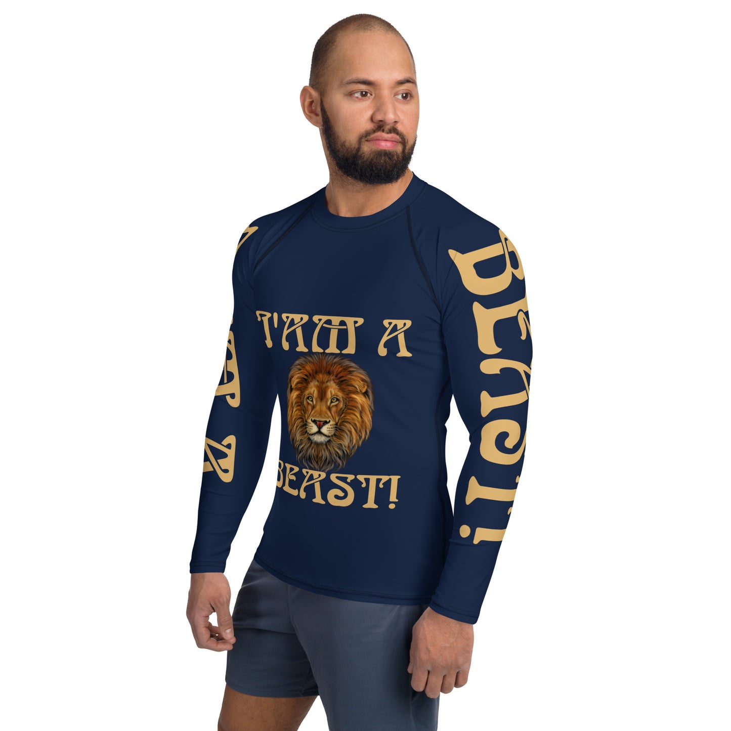“I’AM A BEAST!”Navy Men's Rash Guard W/Fawn Font