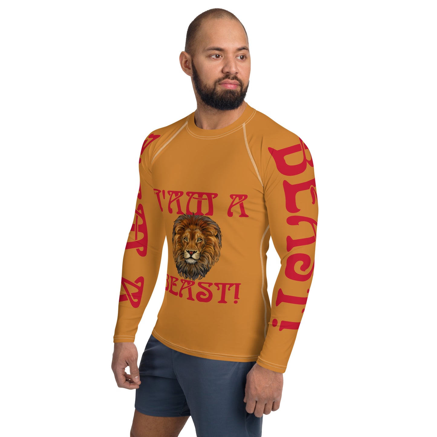 “I’AM A BEAST!”Bronze Men's Rash Guard W/Red Font