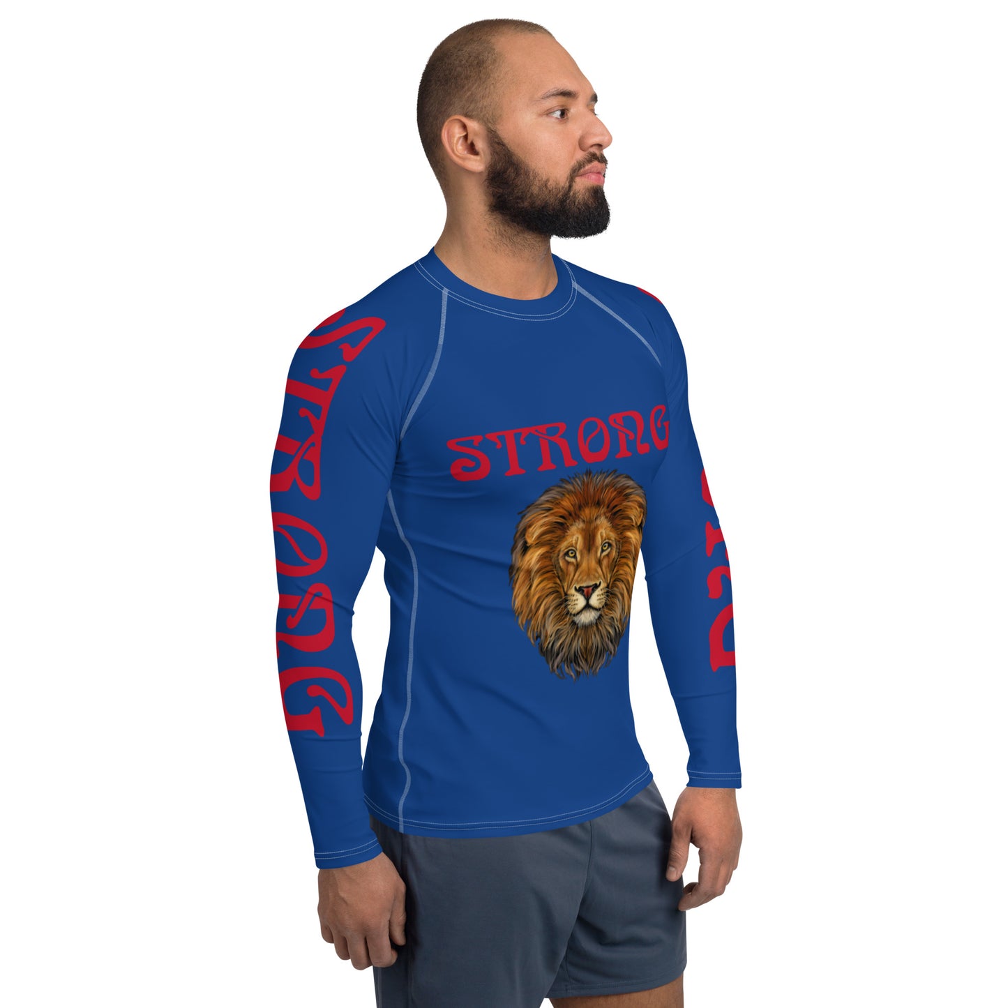 “STRONG”Blue Men's Rash Guard W/Red Font