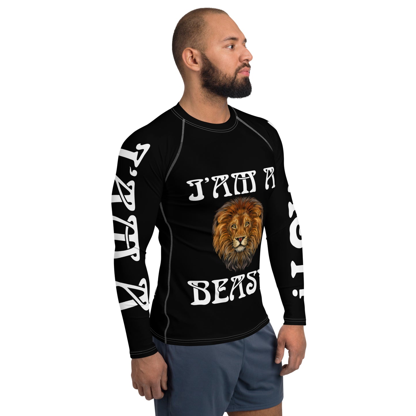 “I’AM A BEAST!”Black Men's Rash Guard W/White Font