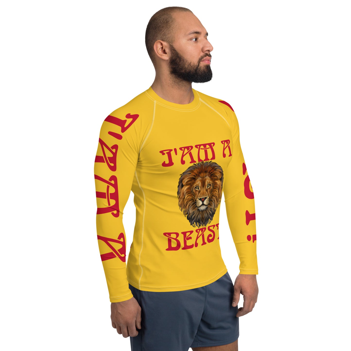 “I’AM A BEAST!”Yellow Men's Rash Guard W/Red Font