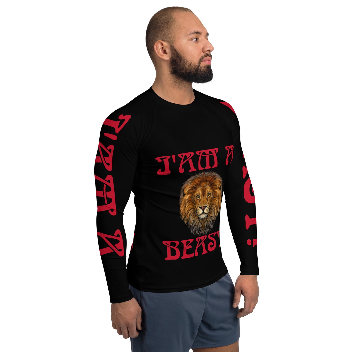“I’AM A BEAST!”Black Men's Rash Guard W/Red Font