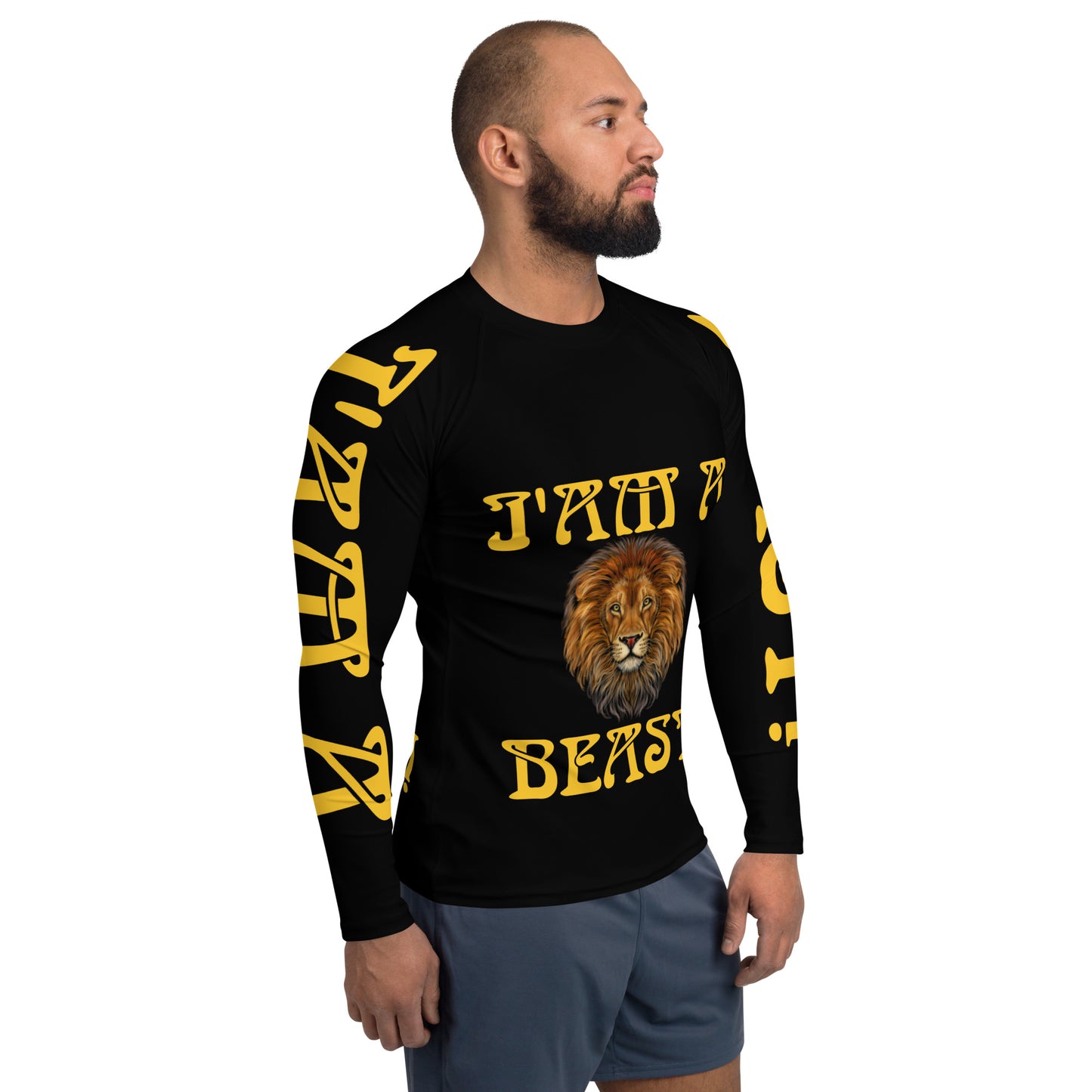 “I’AM A BEAST!”Black Men's Rash Guard W/Yellow Font