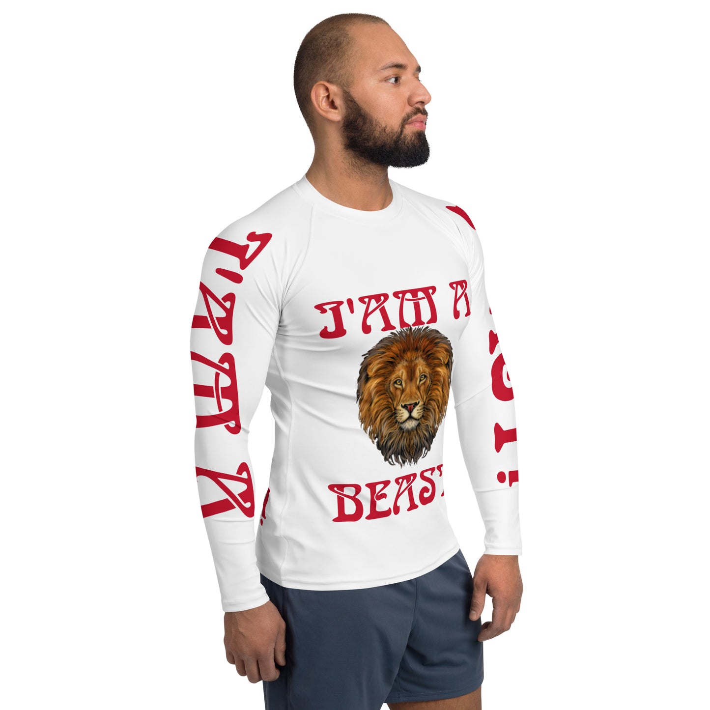 “I’AM A BEAST!”White Men's Rash Guard W/Red Font