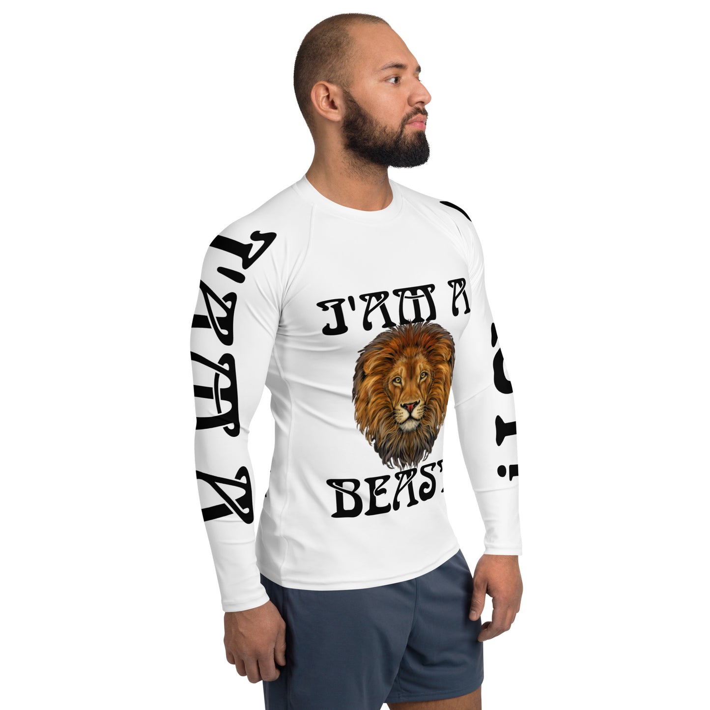 “I’AM A BEAST!”White Men's Rash Guard W/Black Font