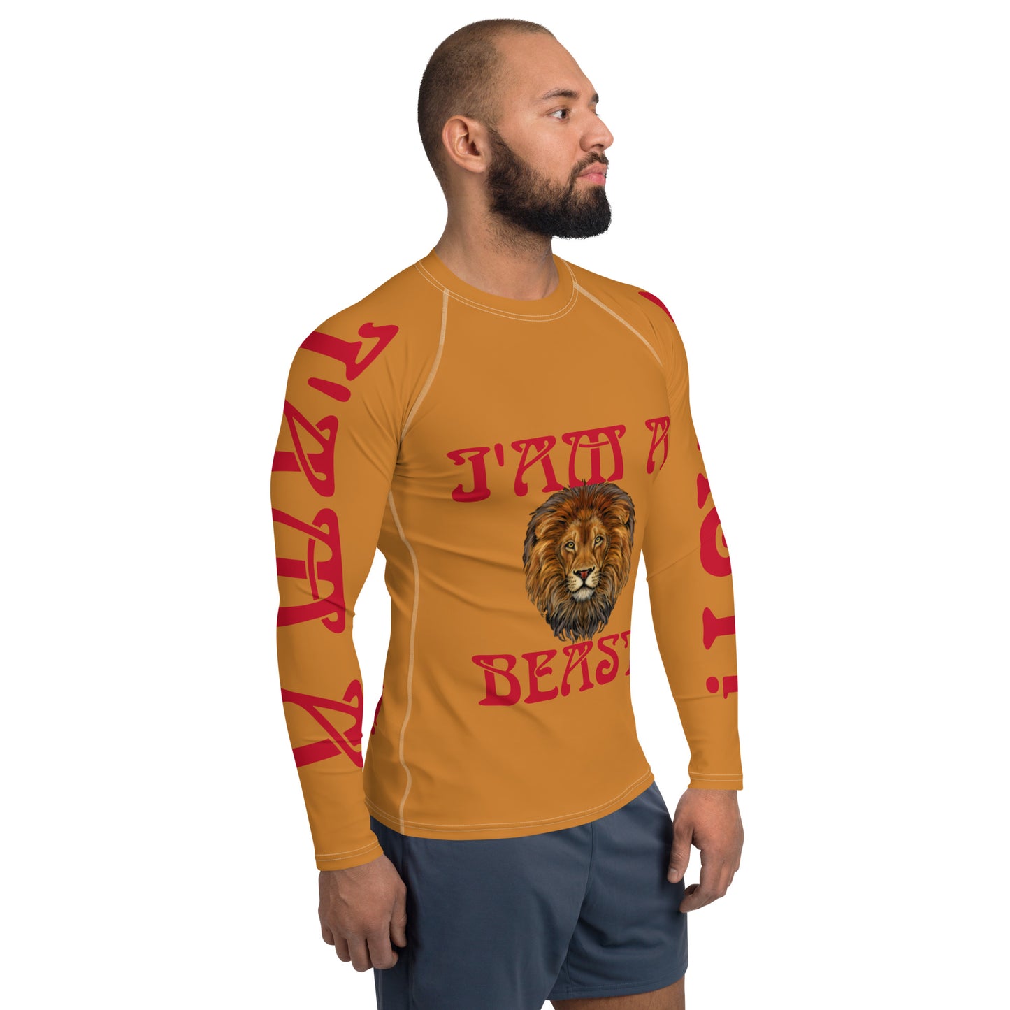 “I’AM A BEAST!”Bronze Men's Rash Guard W/Red Font