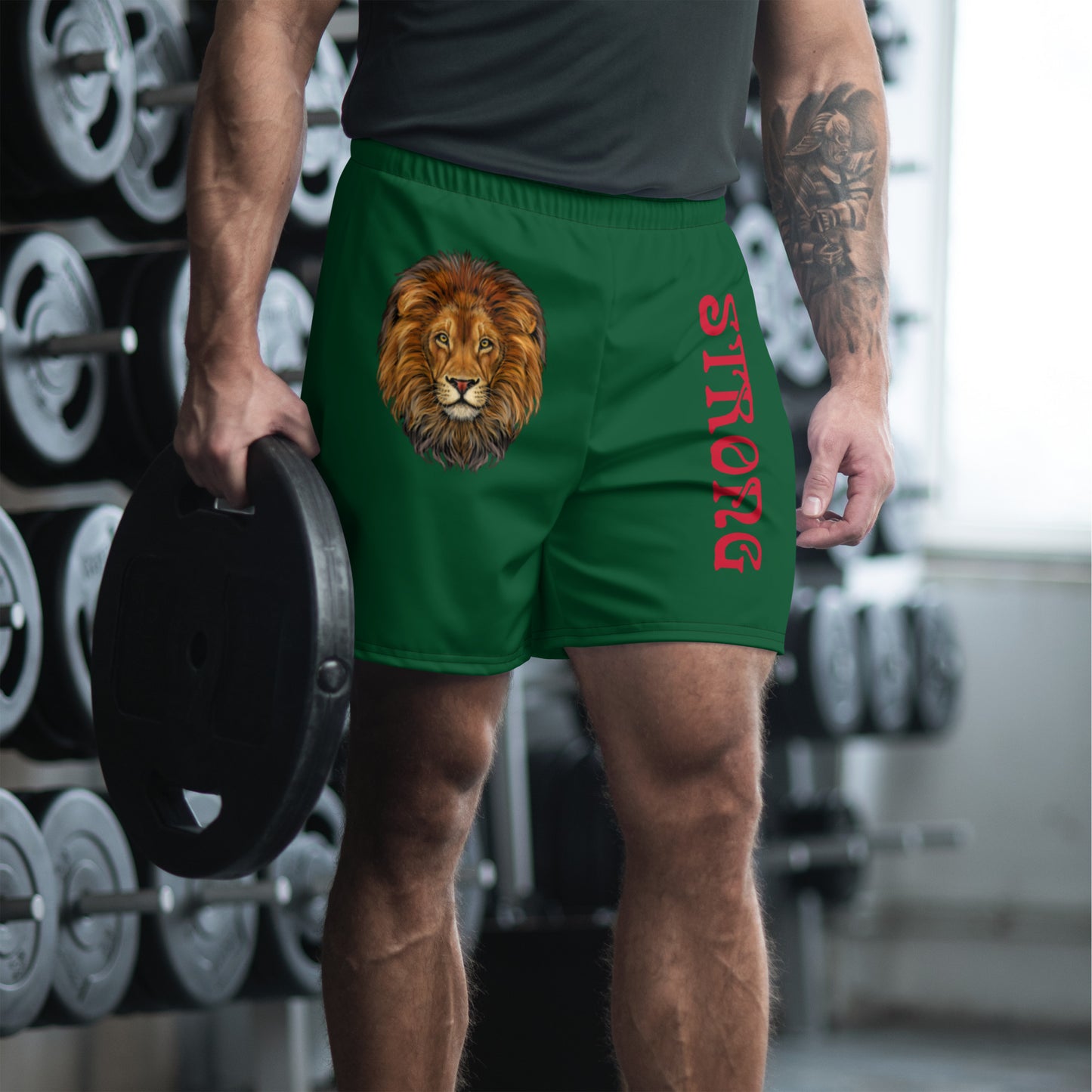 “STRONG” Green Men's Athletic Shorts W/Red Font