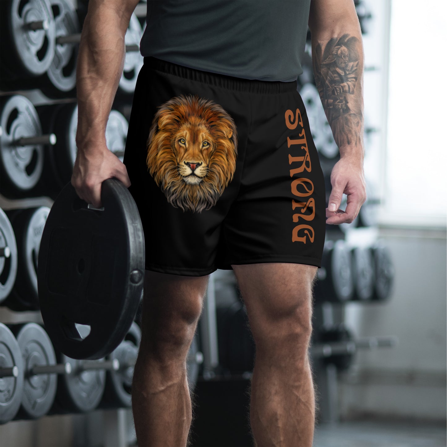 “STRONG”Black Men's Athletic Shorts W/Brown Font