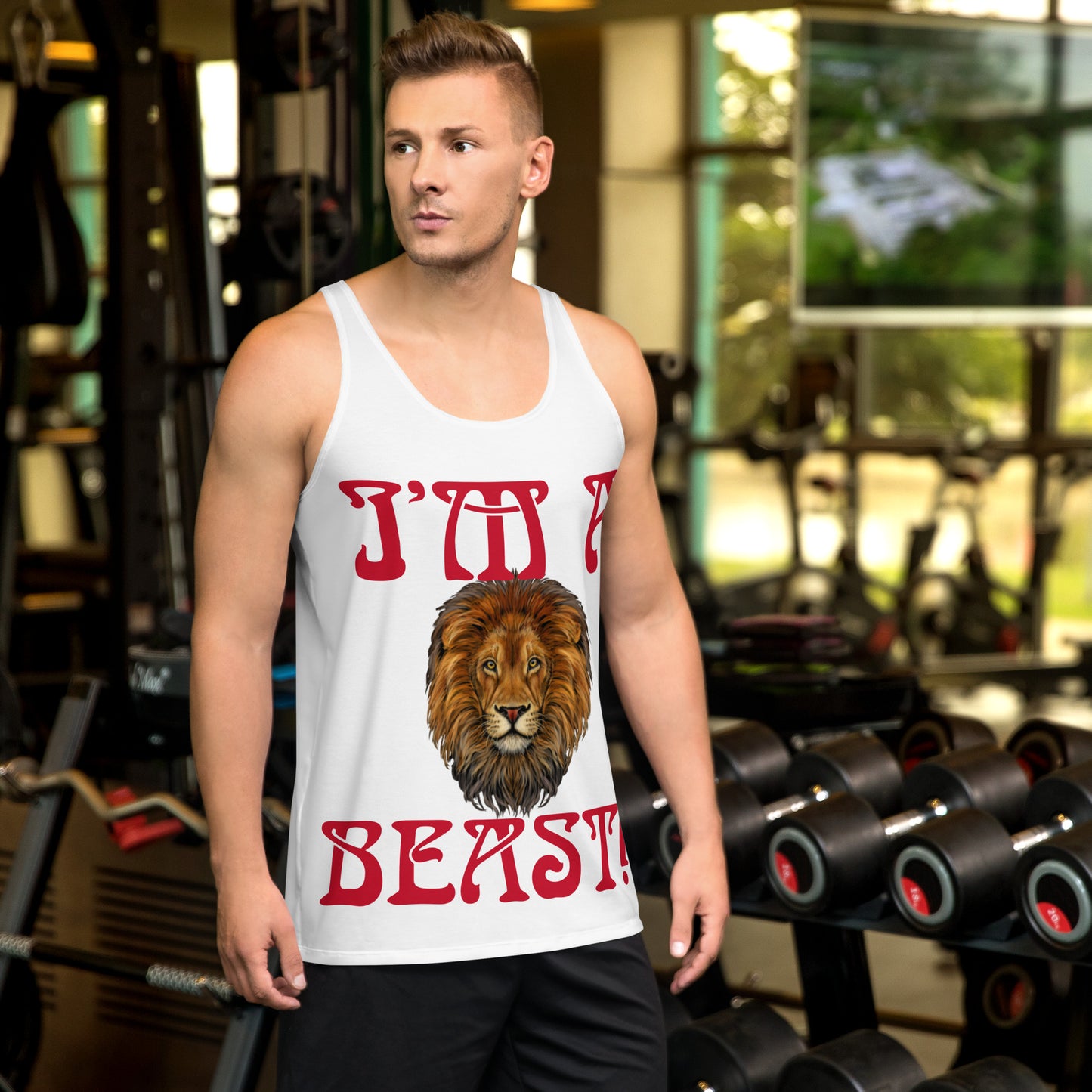 “I’M A BEAST!”White Men’s Tank Top W/Red Font