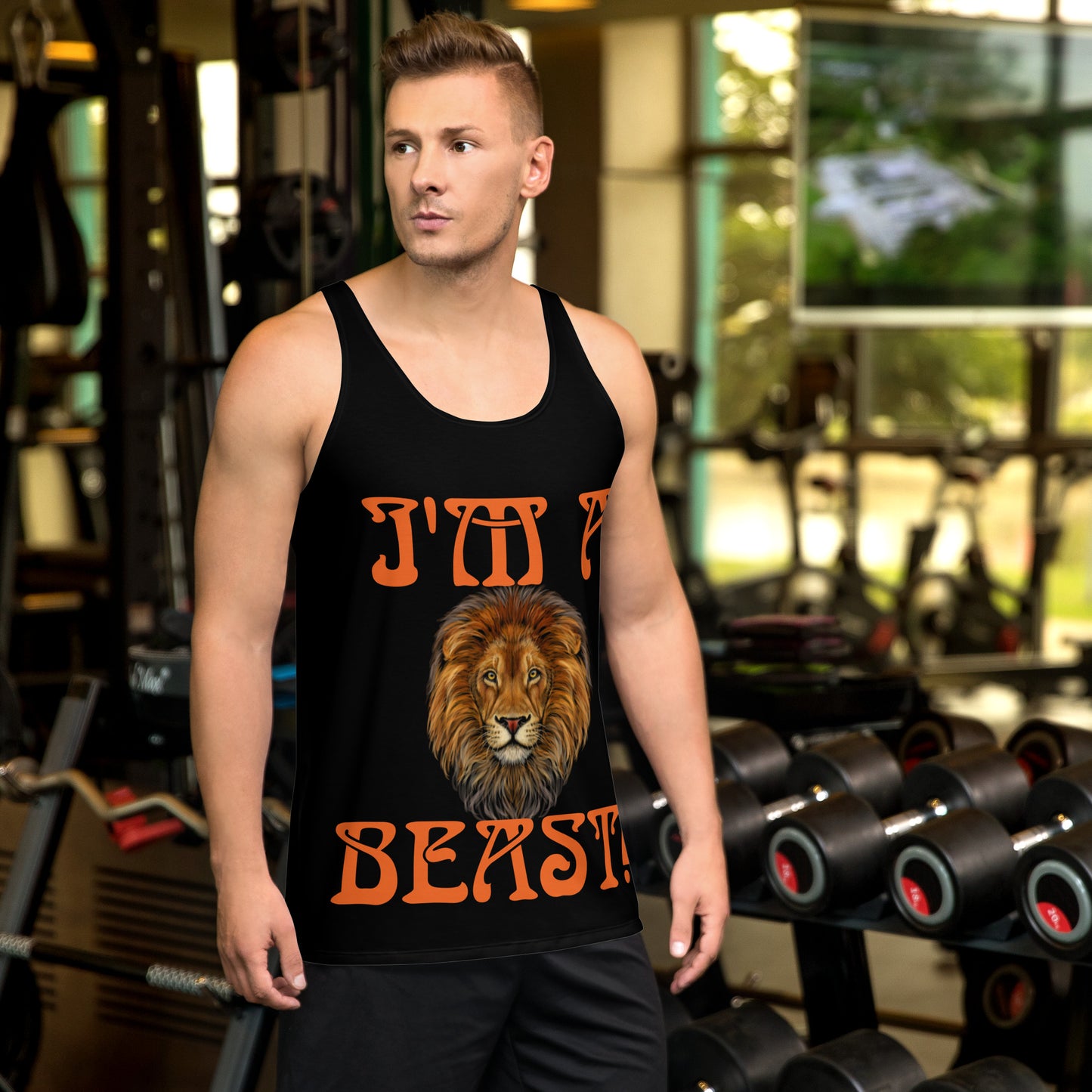 “I’M A BEAST!”Black Men’s Tank Top W/Orange Font