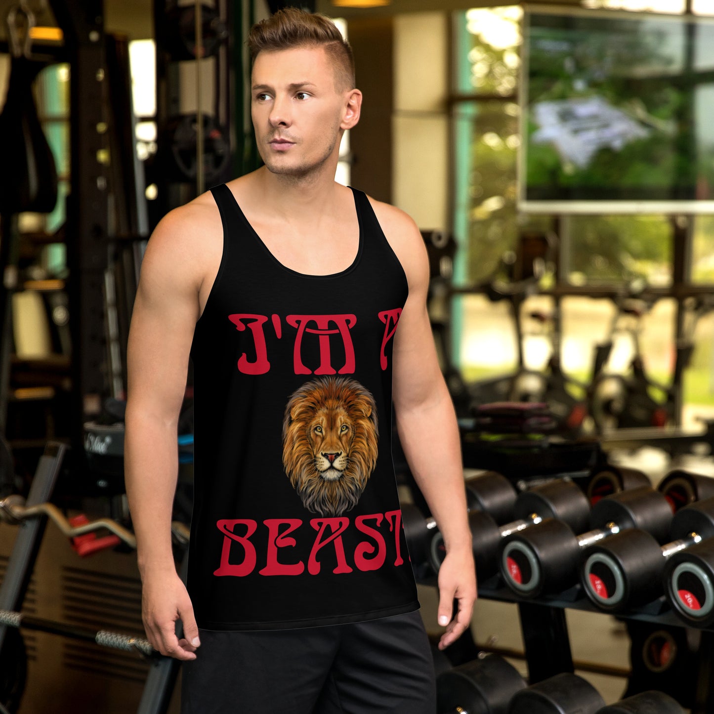 “I’M A BEAST!”Black Men’s Tank Top W/Red Font