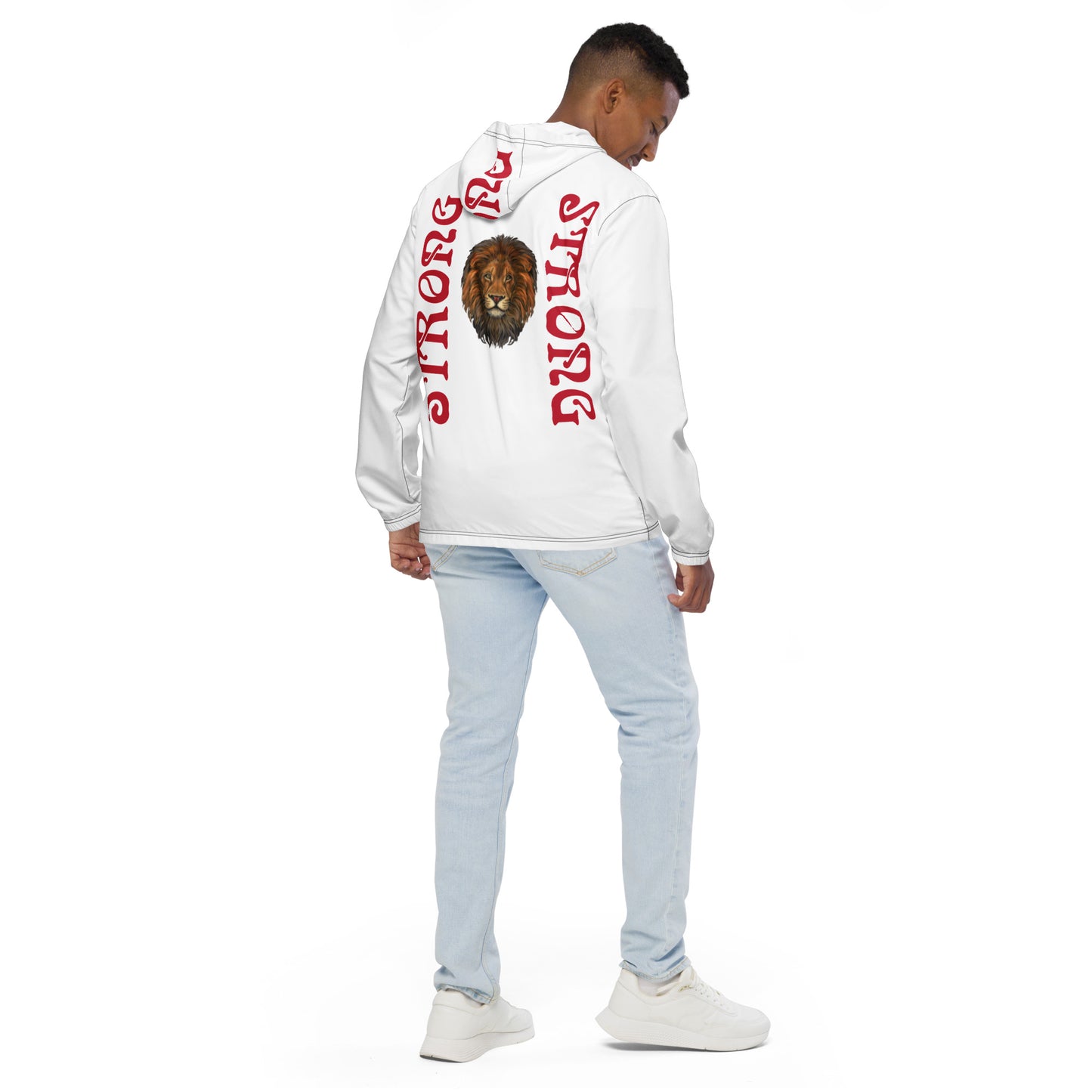 “STRONG”White Men’s Windbreaker W/Red Font