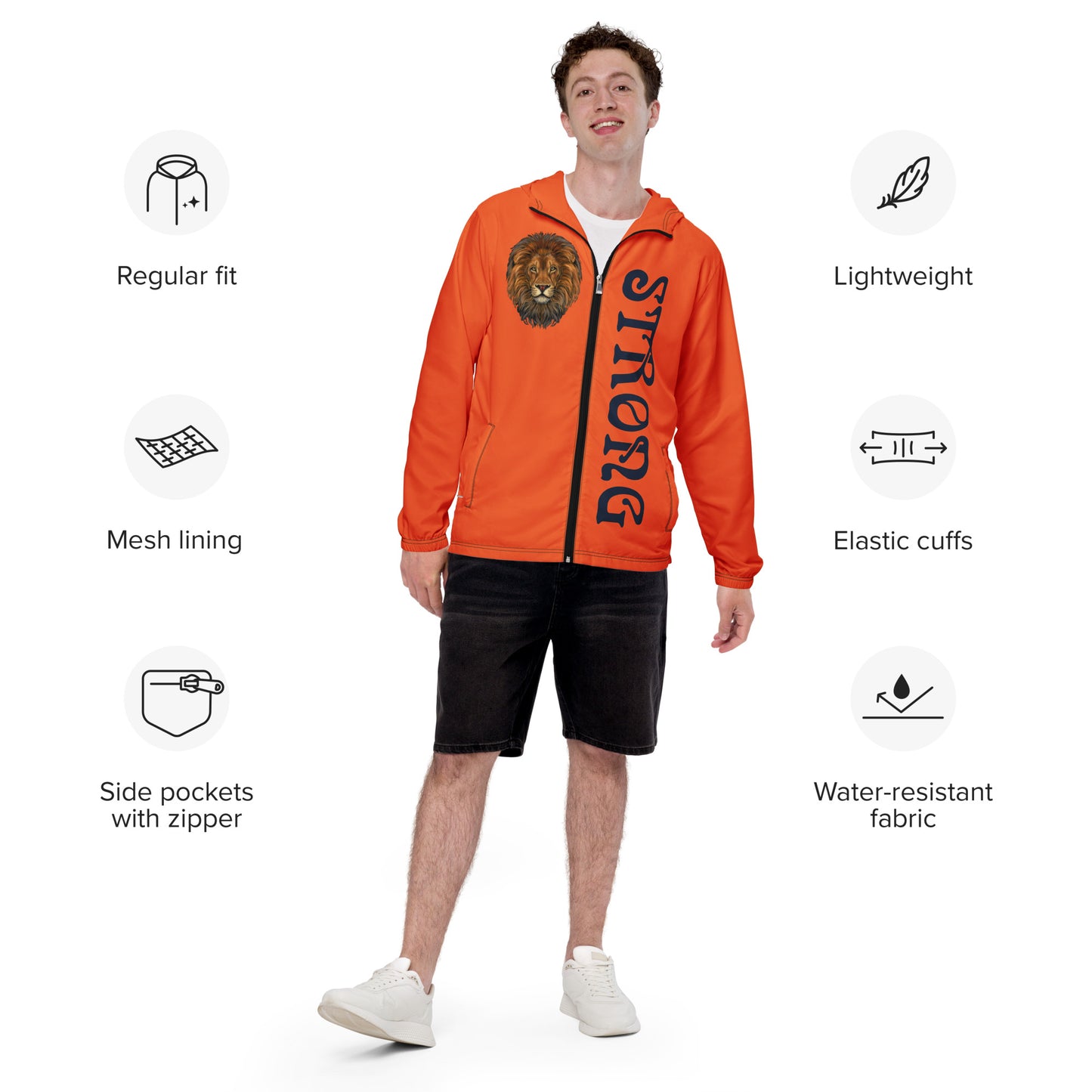 “STRONG”Orange Men’s Windbreaker W/Navy Blue Font