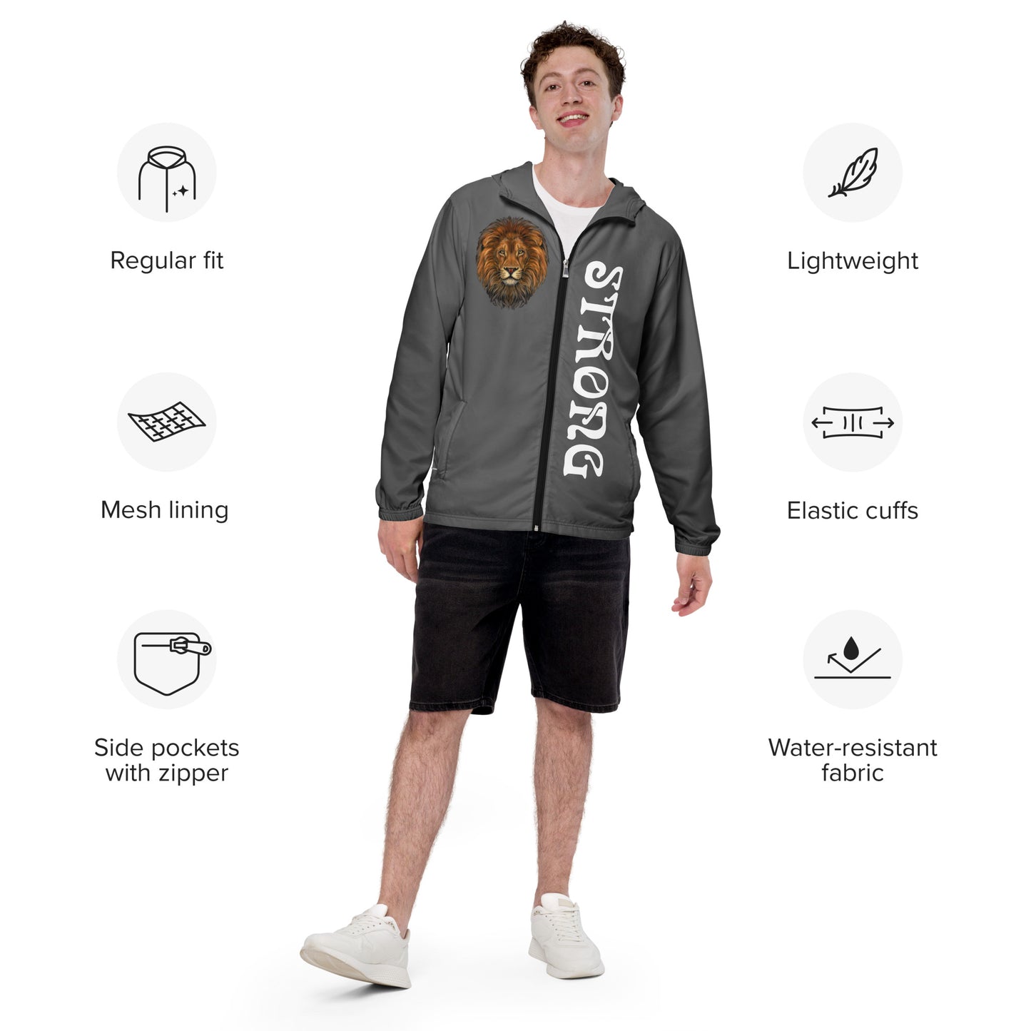 “STRONG”Grey Men’s Windbreaker W/White Font