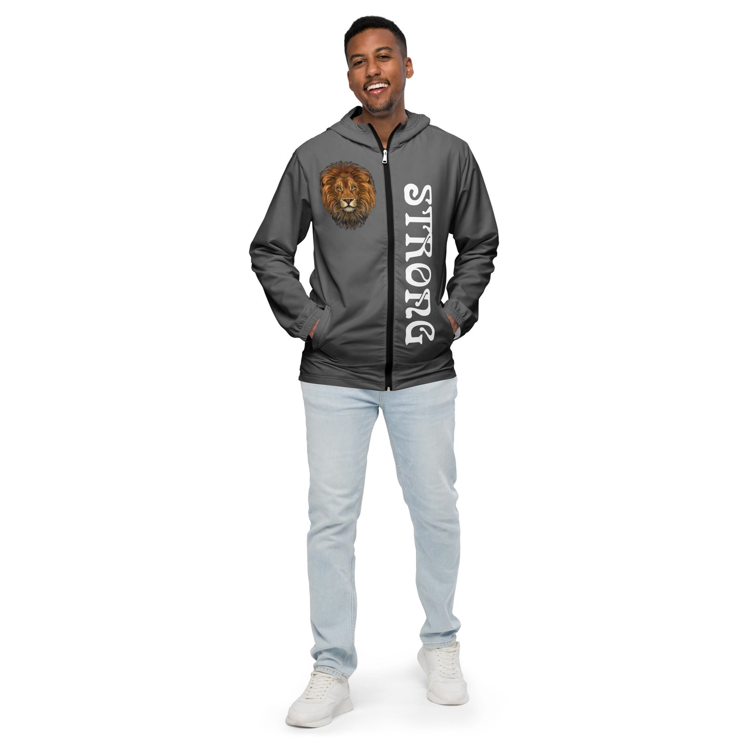 “STRONG”Grey Men’s Windbreaker W/White Font