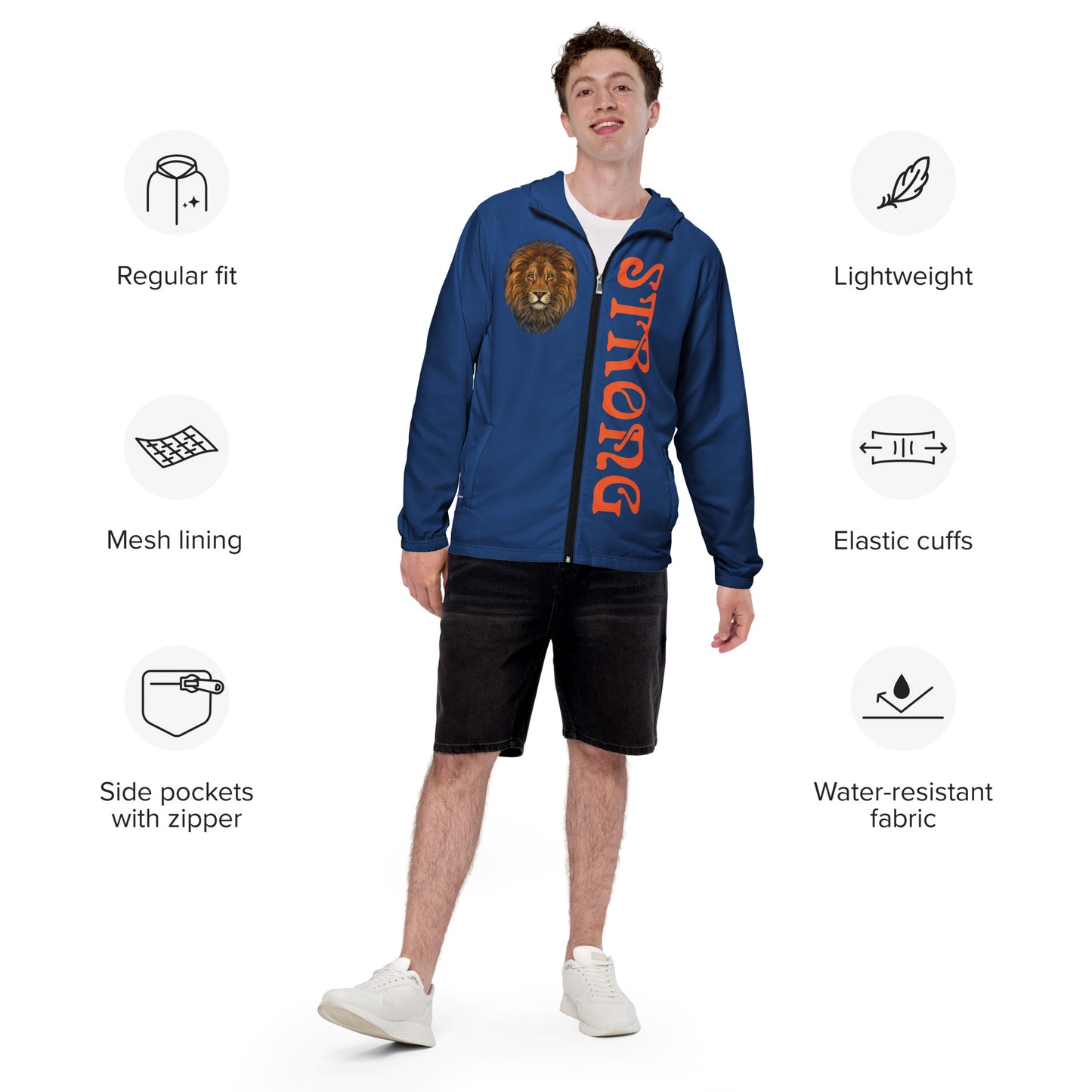 “STRONG”Blue Men’s Windbreaker W/Orange Font