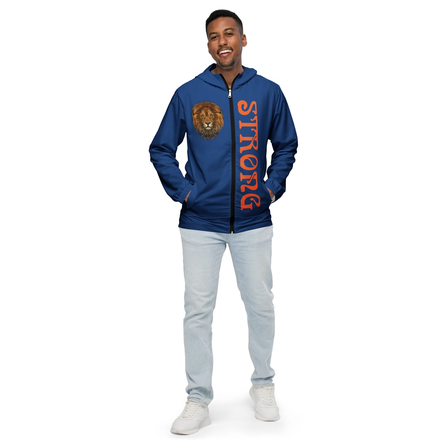 “STRONG”Blue Men’s Windbreaker W/Orange Font