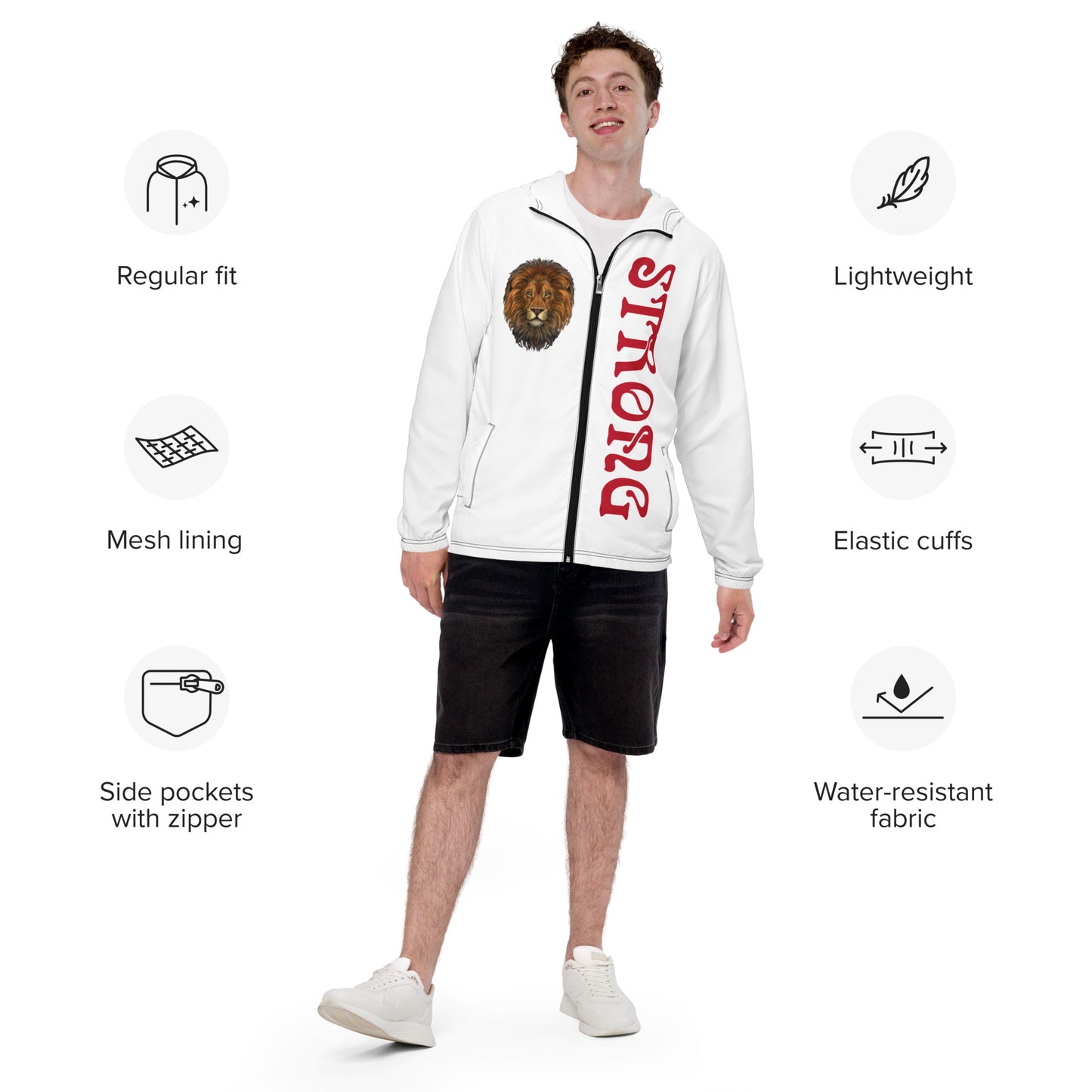 “STRONG”White Men’s Windbreaker W/Red Font