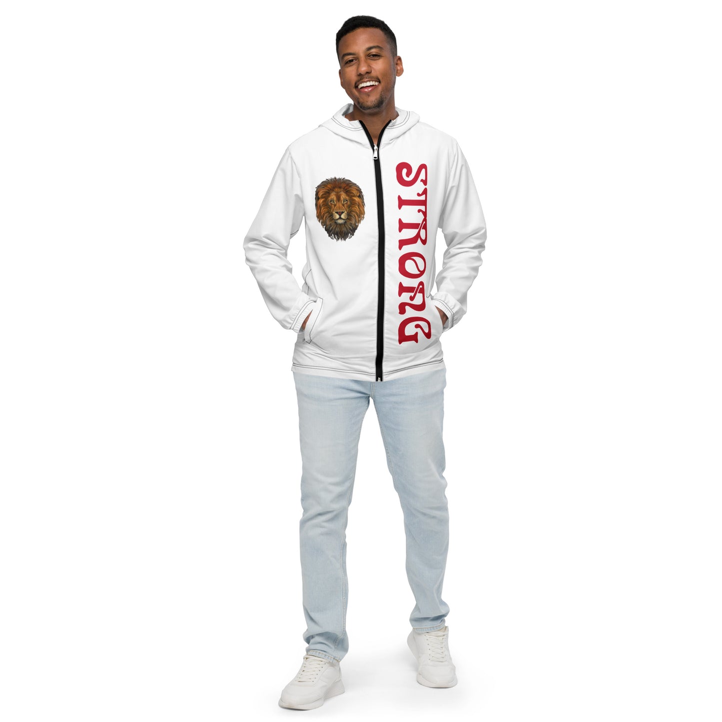 “STRONG”White Men’s Windbreaker W/Red Font