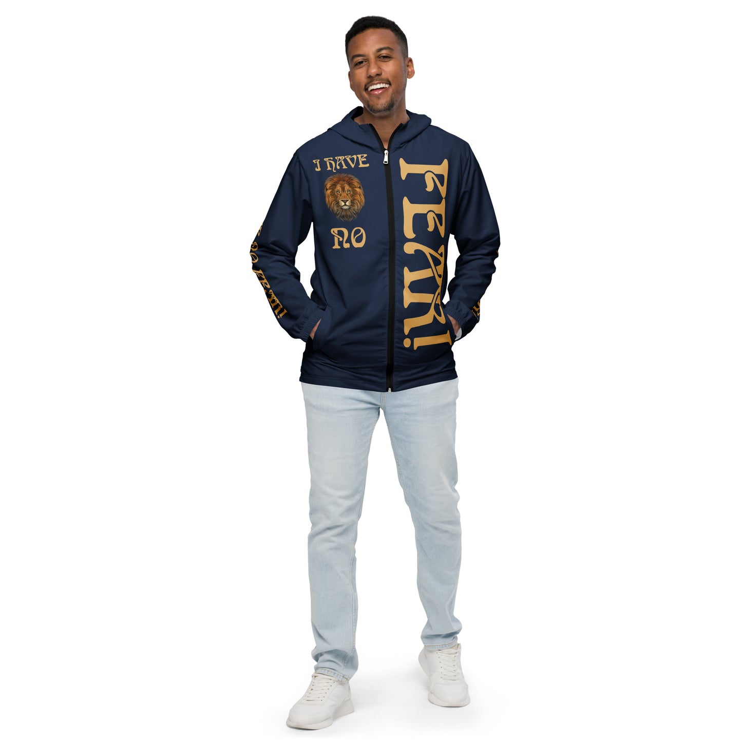 “I HAVE NO FEAR!”Unisex Navy Windbreaker W/Fawn Font