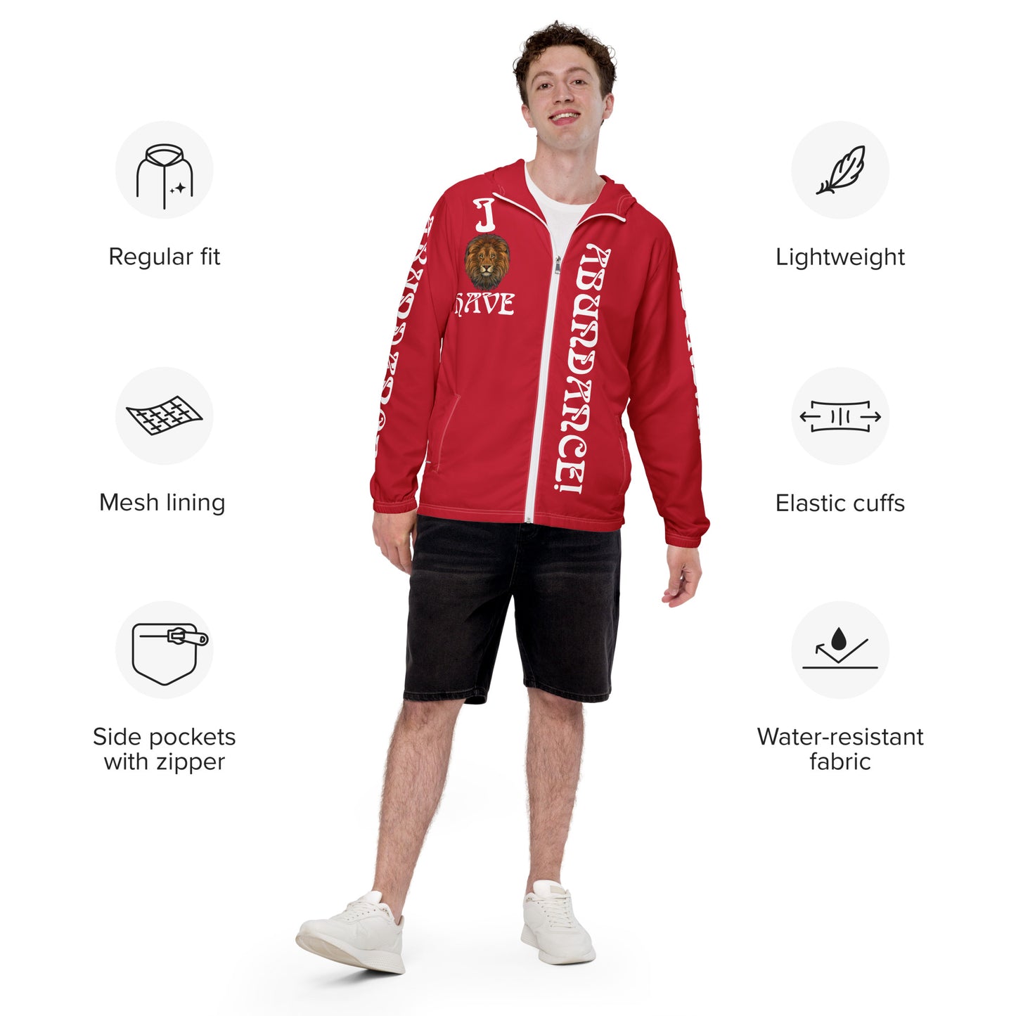 “I HAVE ABUNDANCE!”Red Unisex Windbreaker W/White Font