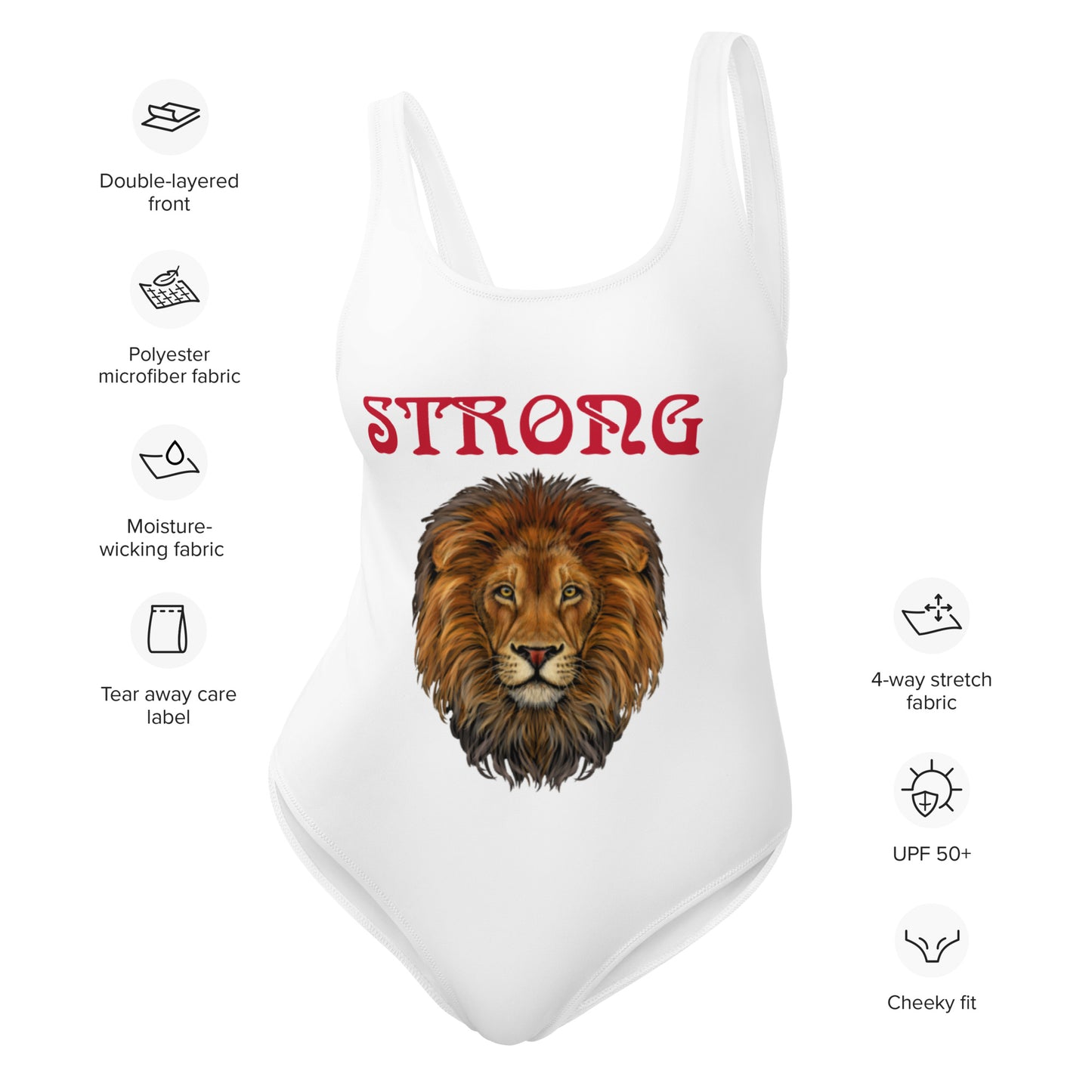 “STRONG” White One-Piece Swimsuit W/Red Font