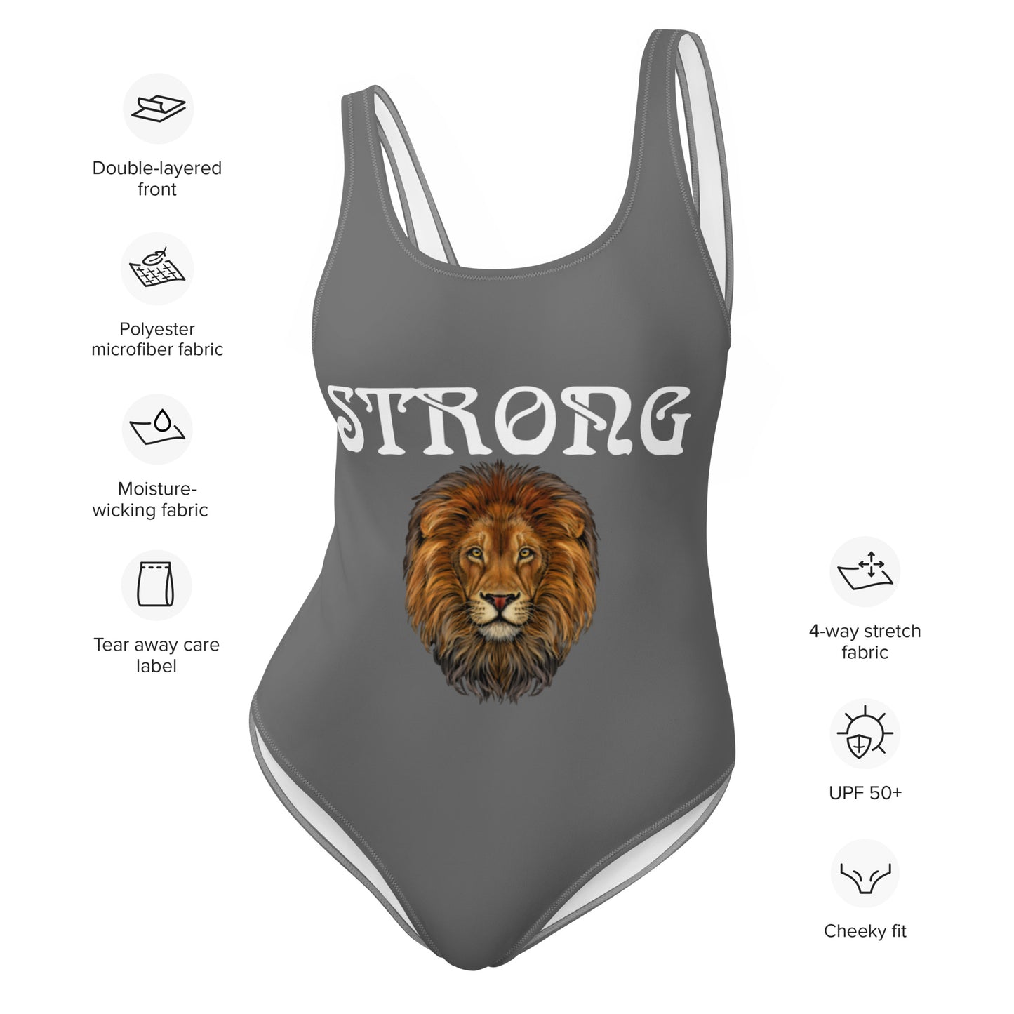 “STRONG” Grey One-Piece Swimsuit W/White Font