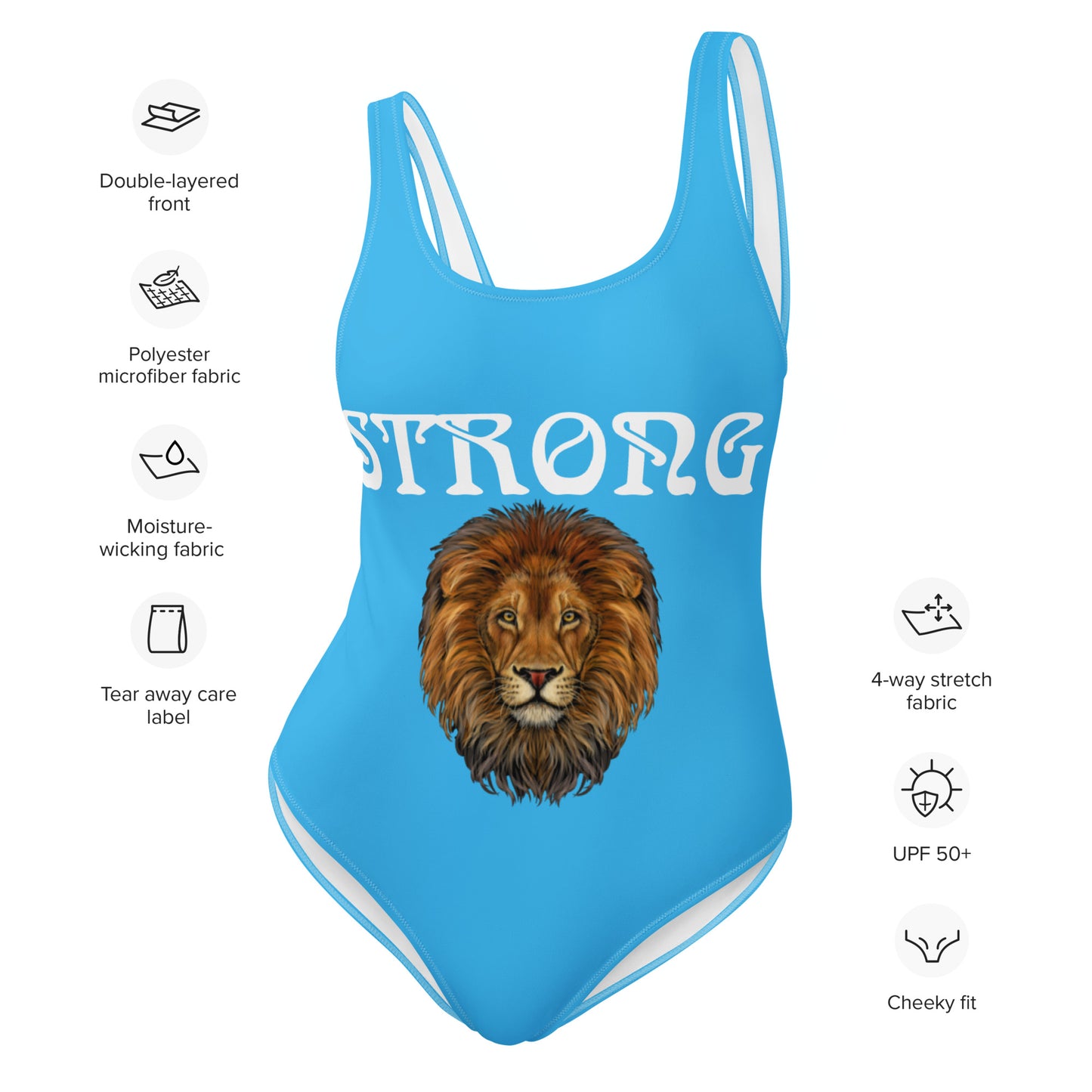 “STRONG” SkyBlue One-Piece Swimsuit W/White Font