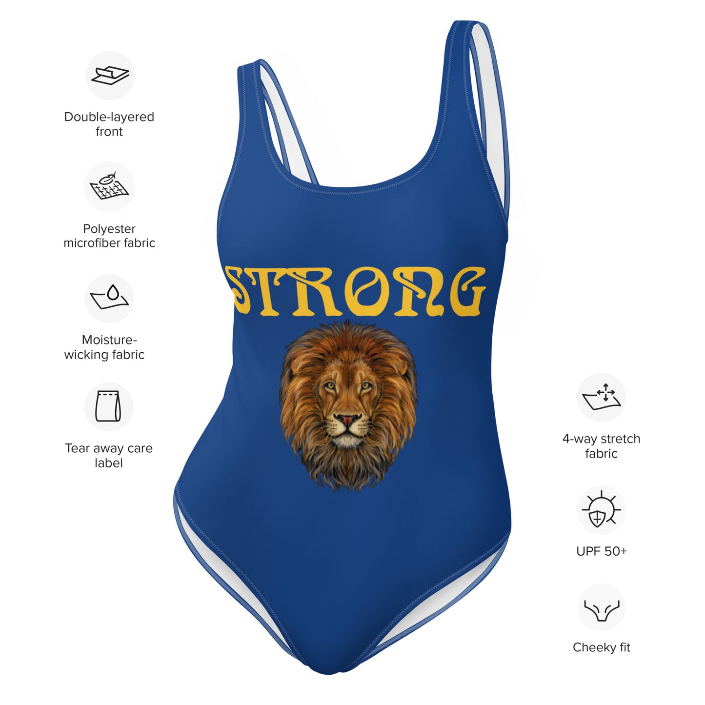 “STRONG” Blue One-Piece Swimsuit W/Yellow Font