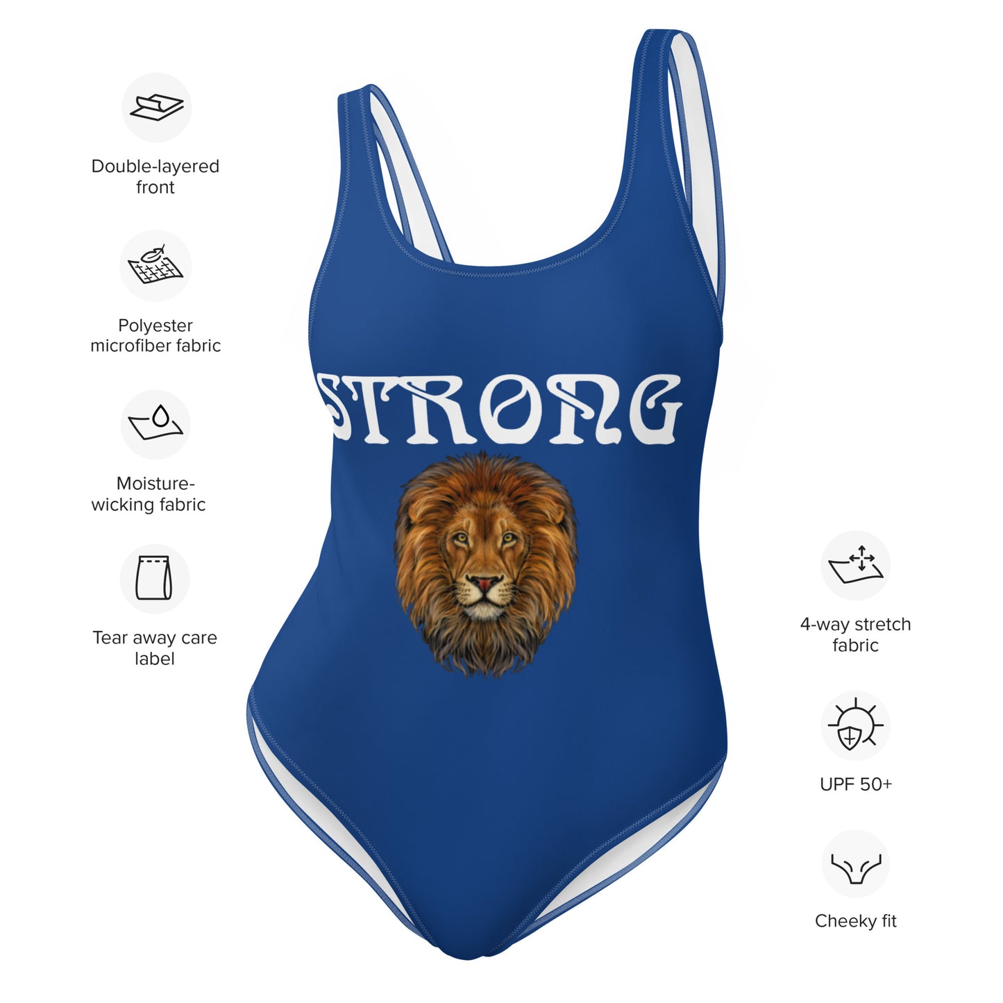 “STRONG” Blue One-Piece Swimsuit W/White Font