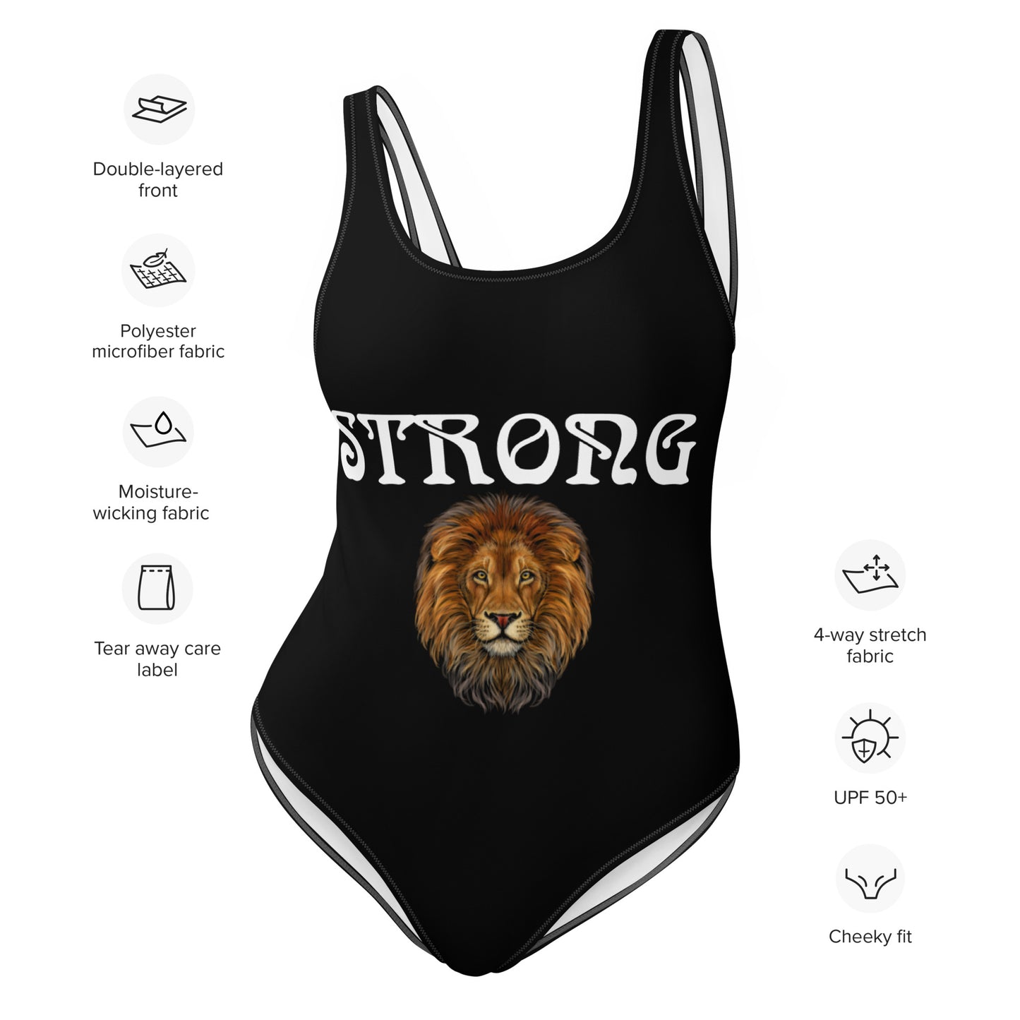 “STRONG” Black One-Piece Swimsuit W/White Font