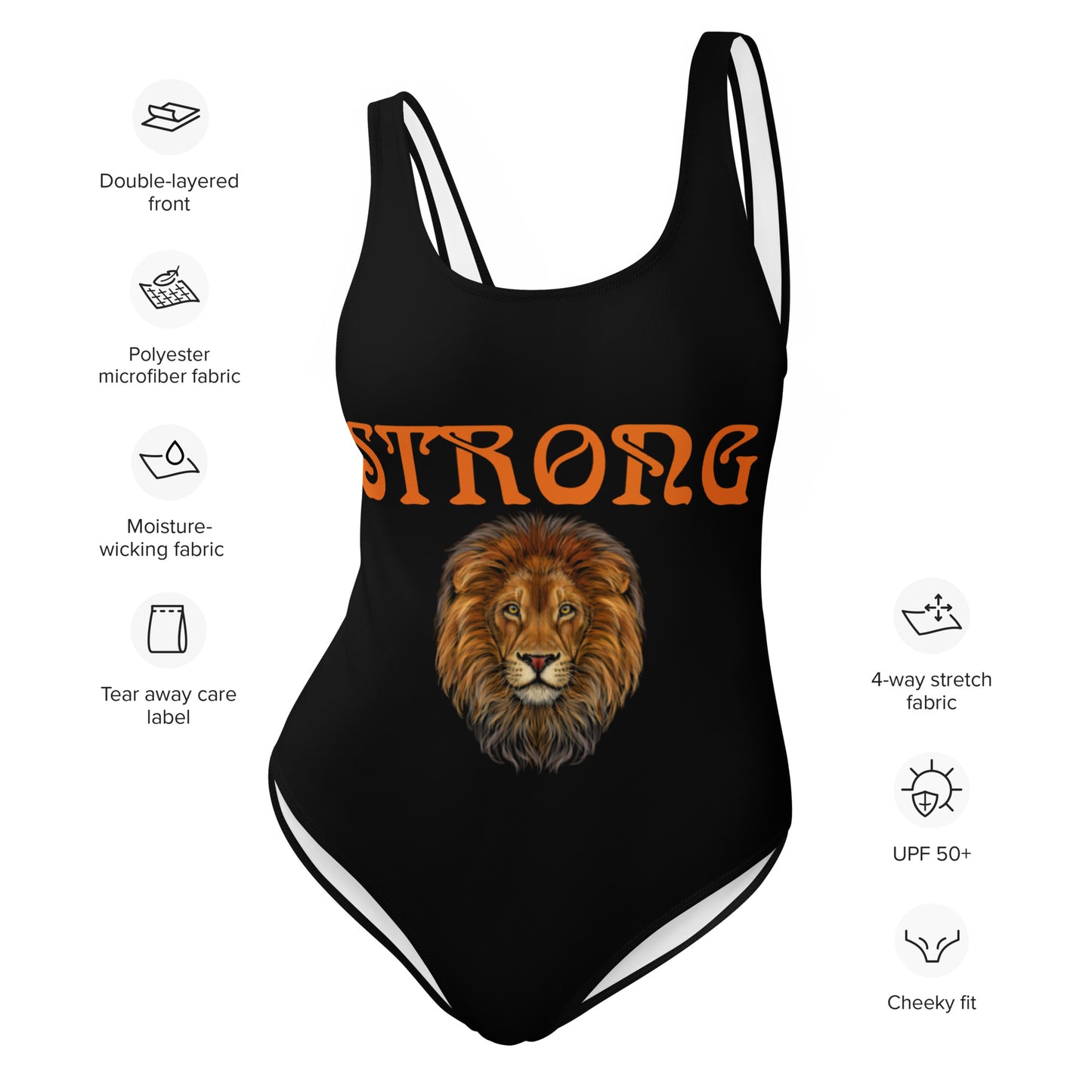 “STRONG”Black One-Piece Swimsuit W/Orange Font