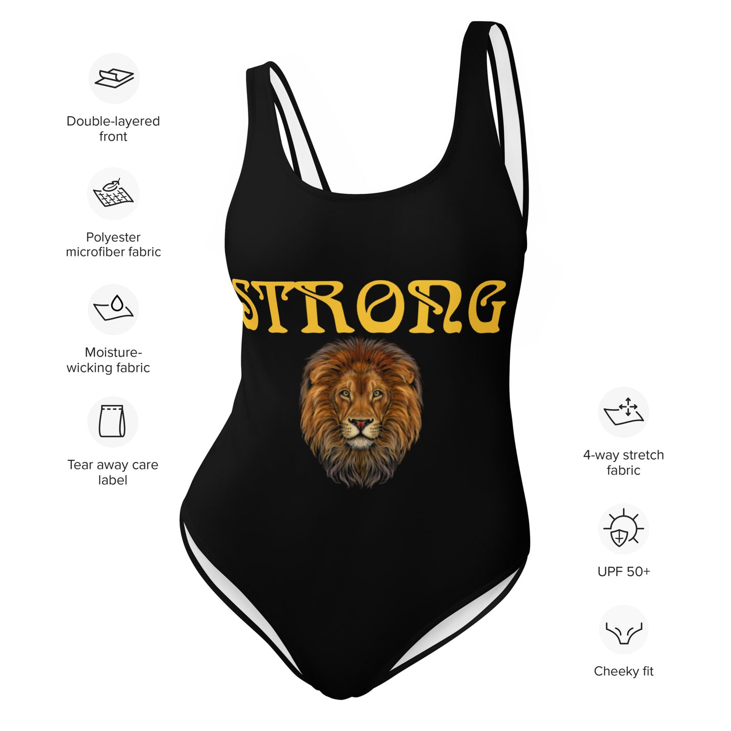 “STRONG” Black One-Piece Swimsuit W/Yellow Font