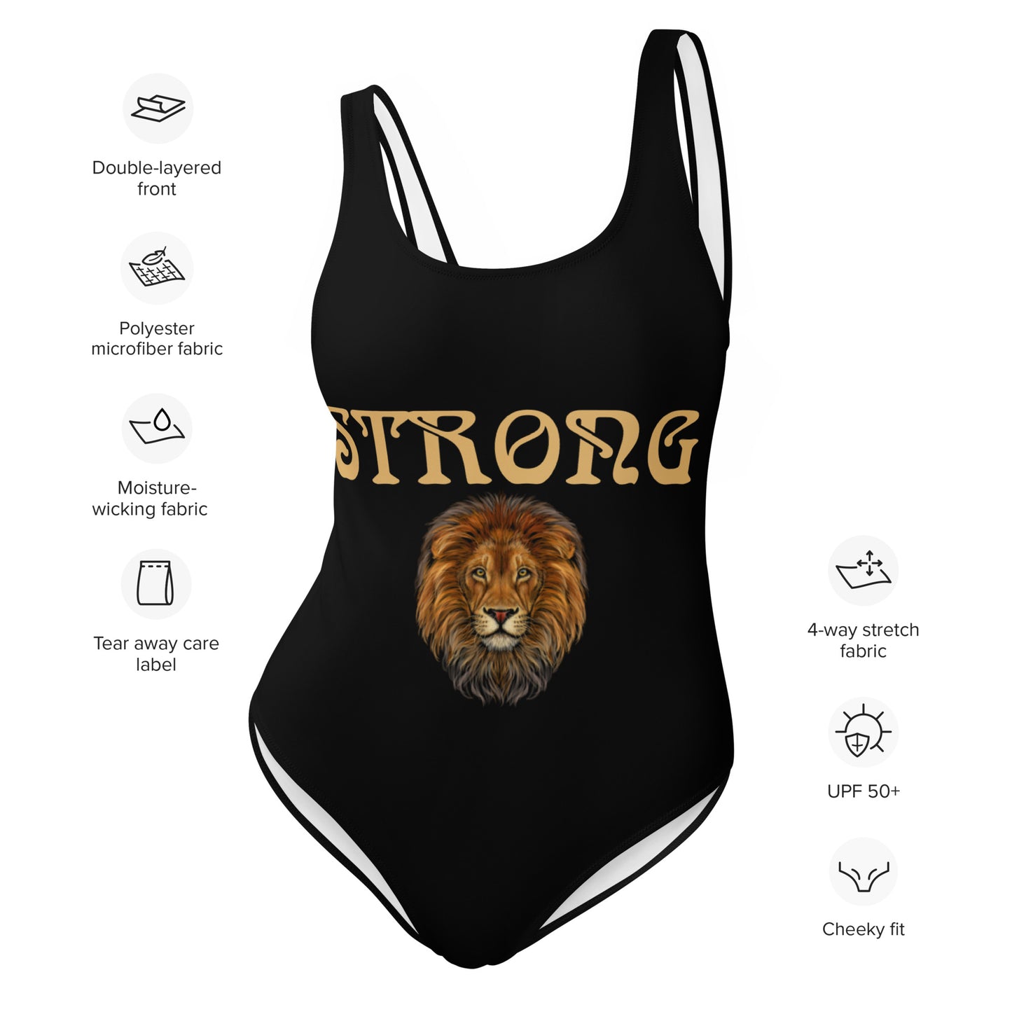 “STRONG” Black One-Piece Swimsuit W/Fawn Font