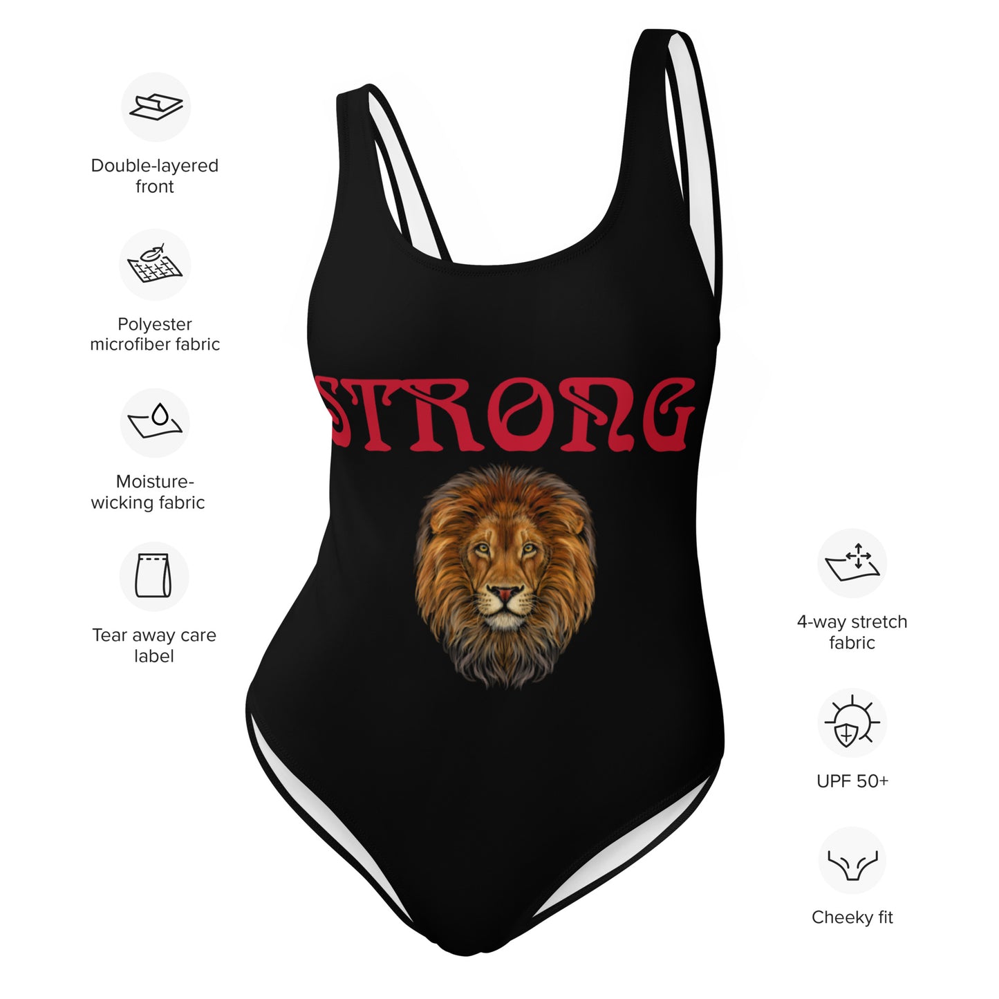 “STRONG” Black One-Piece Swimsuit W/Red Font