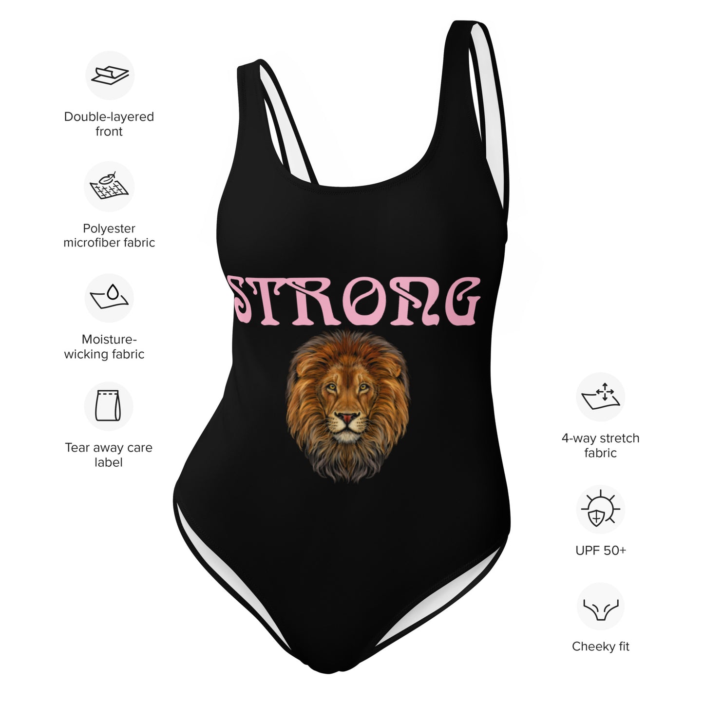 “STRONG” Black One-Piece Swimsuit W/Cotton Candy Font