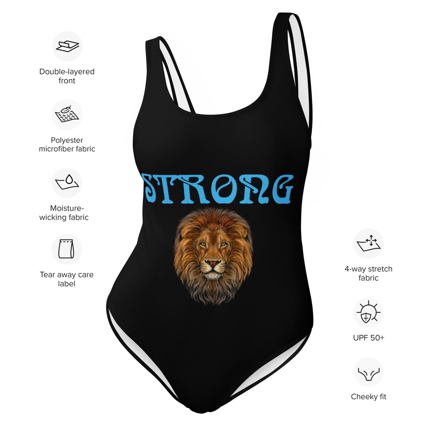 “STRONG”Black One-Piece Swimsuit W/SkyBlue Font
