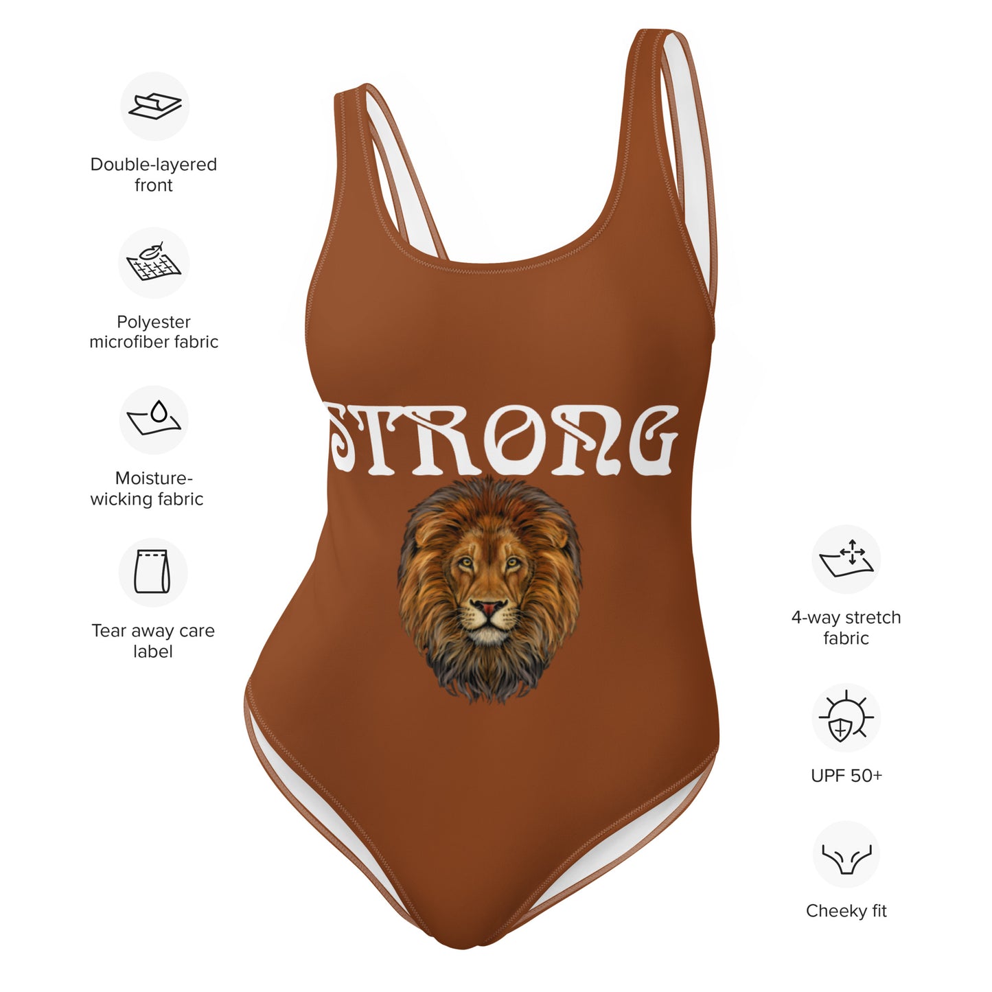 “STRONG”Brown One-Piece Swimsuit W/White Font