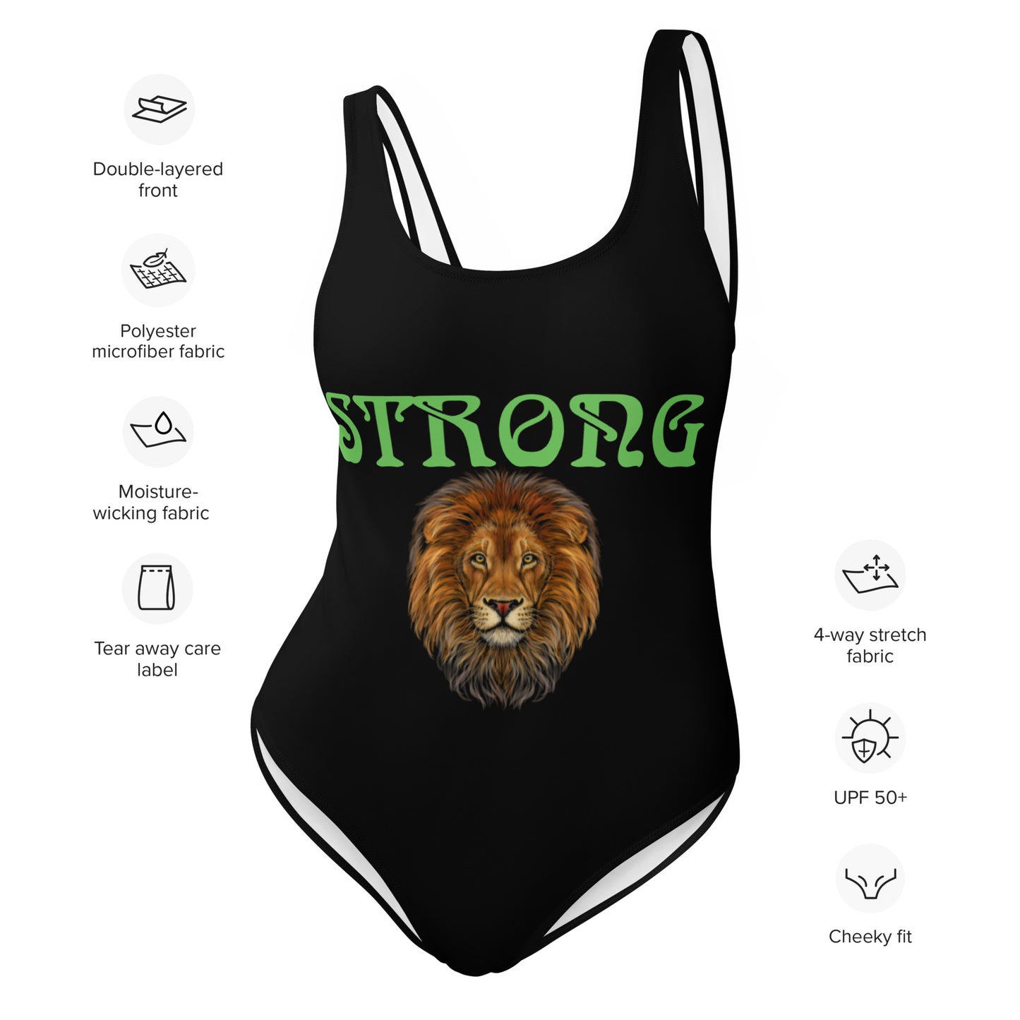 “STRONG” Black One-Piece Swimsuit W/Lime Green Font