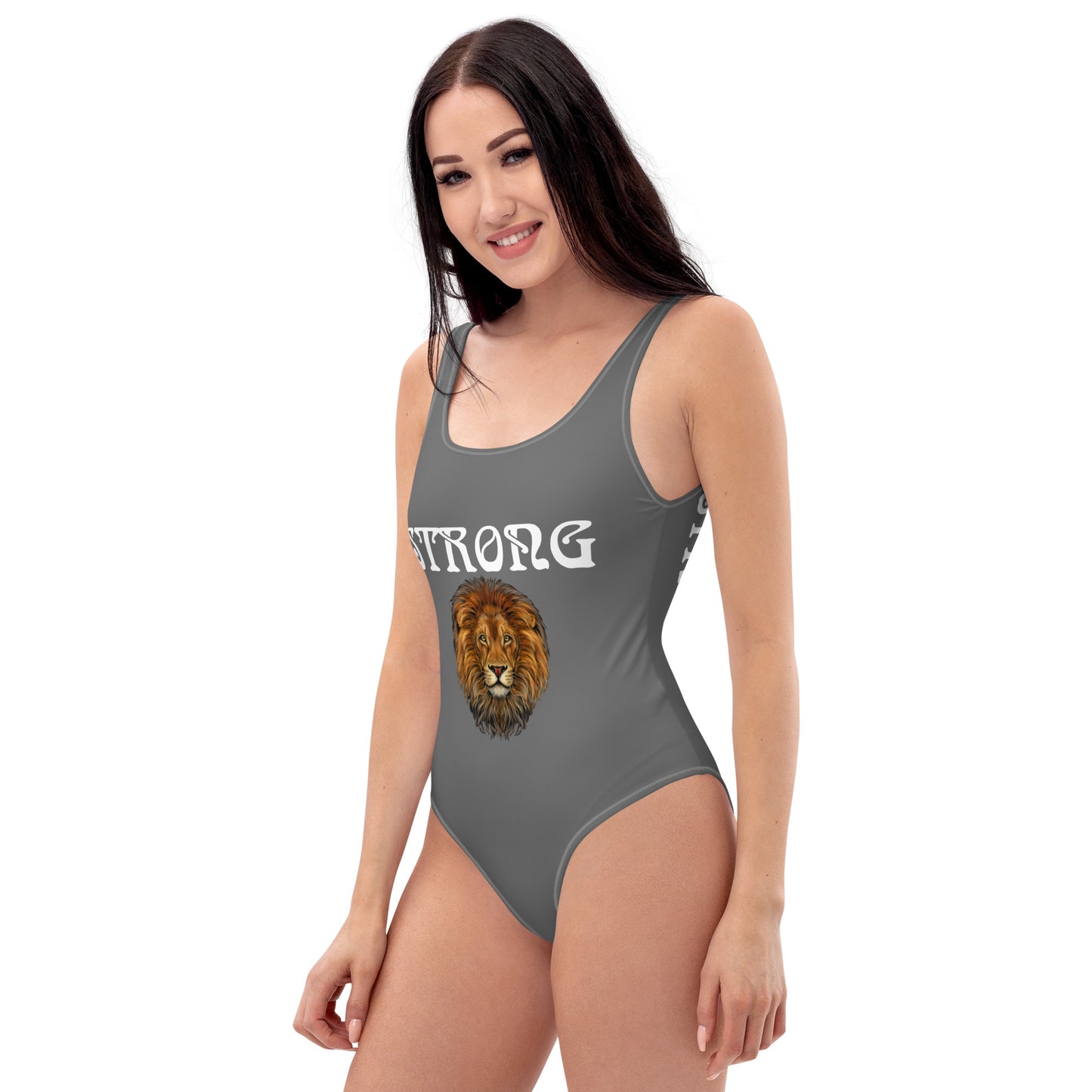 “STRONG” Grey One-Piece Swimsuit W/White Font