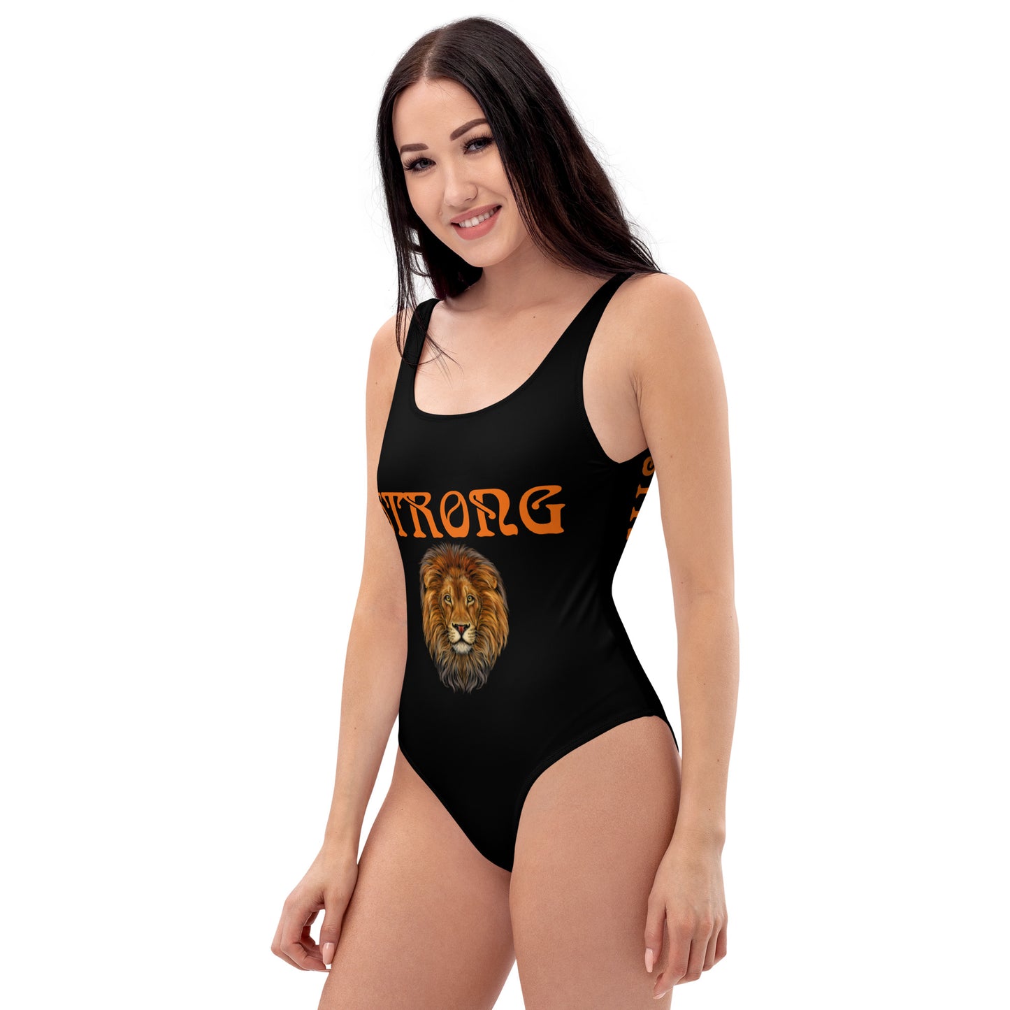 “STRONG”Black One-Piece Swimsuit W/Orange Font
