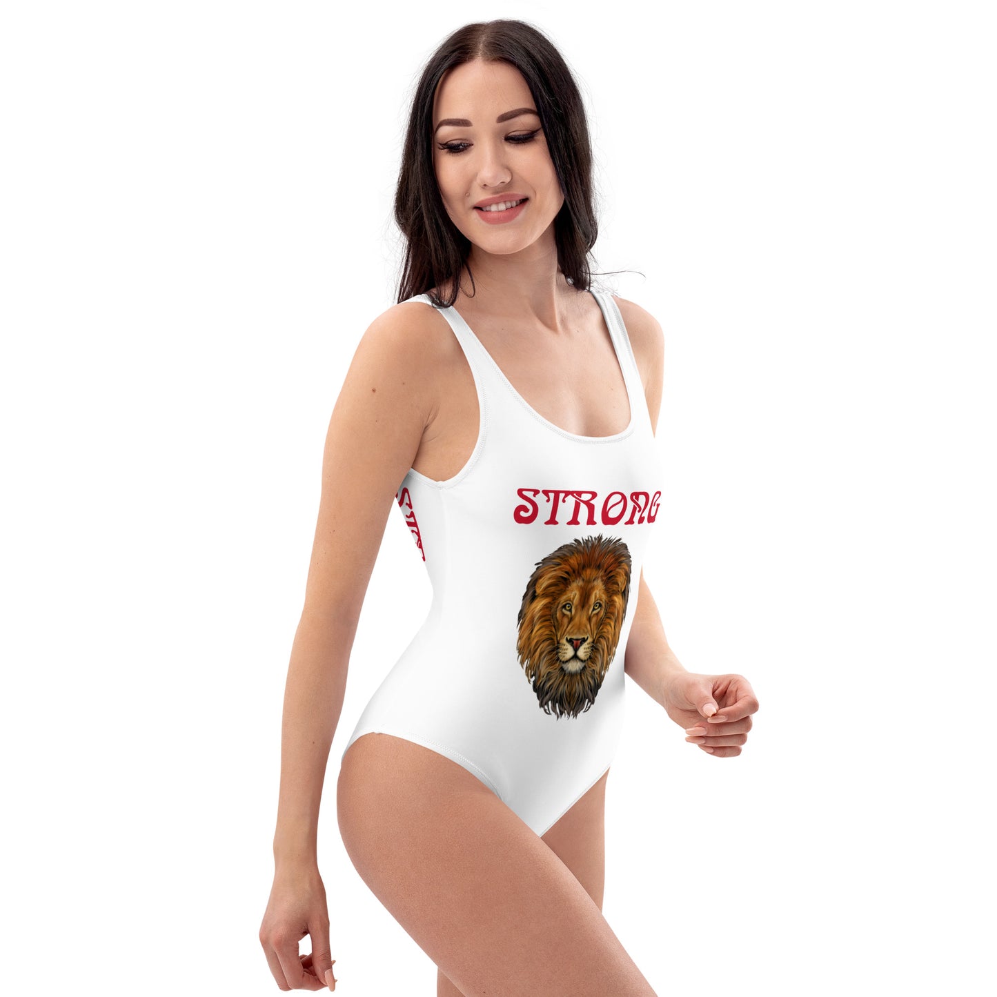 “STRONG” White One-Piece Swimsuit W/Red Font