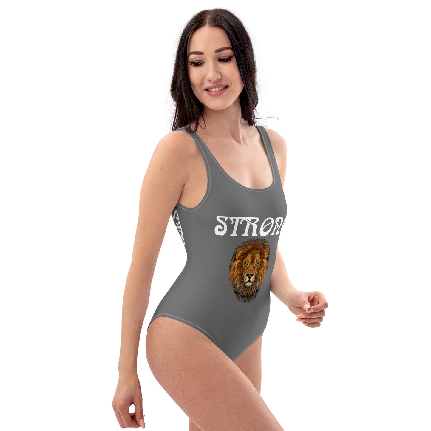 “STRONG” Grey One-Piece Swimsuit W/White Font