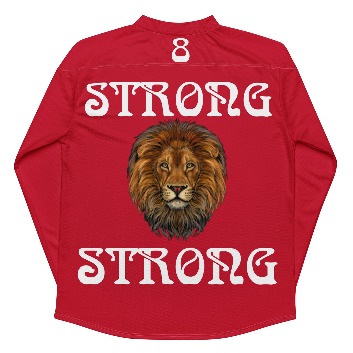 “STRONG”#8Red Unisex Recycled Hockey Fan Jersey W/White Font