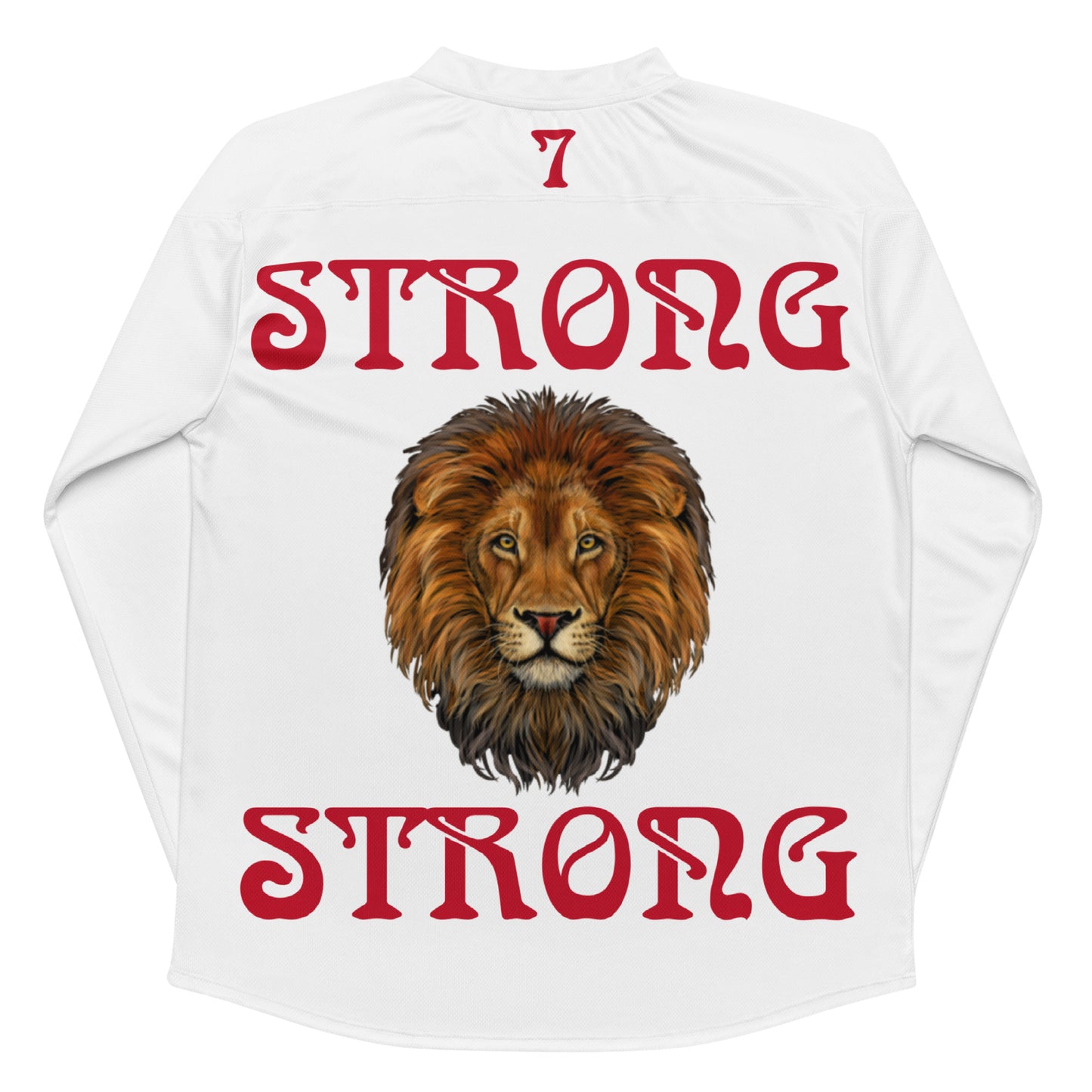 “STRONG”#7White Unisex Recycled Hockey Fan Jersey W/Red Font