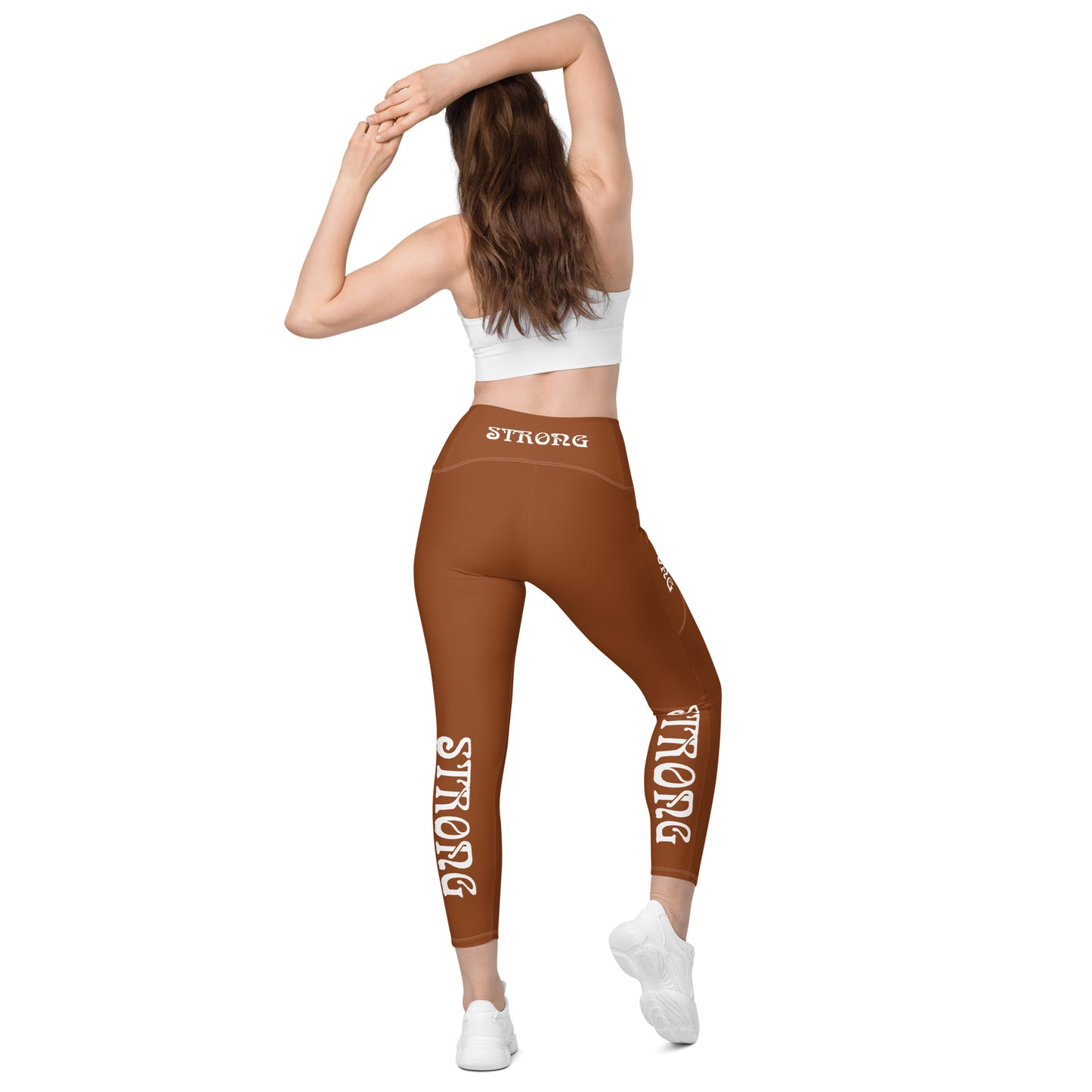 “STRONG” Brown Leggings W/Pockets & White Font