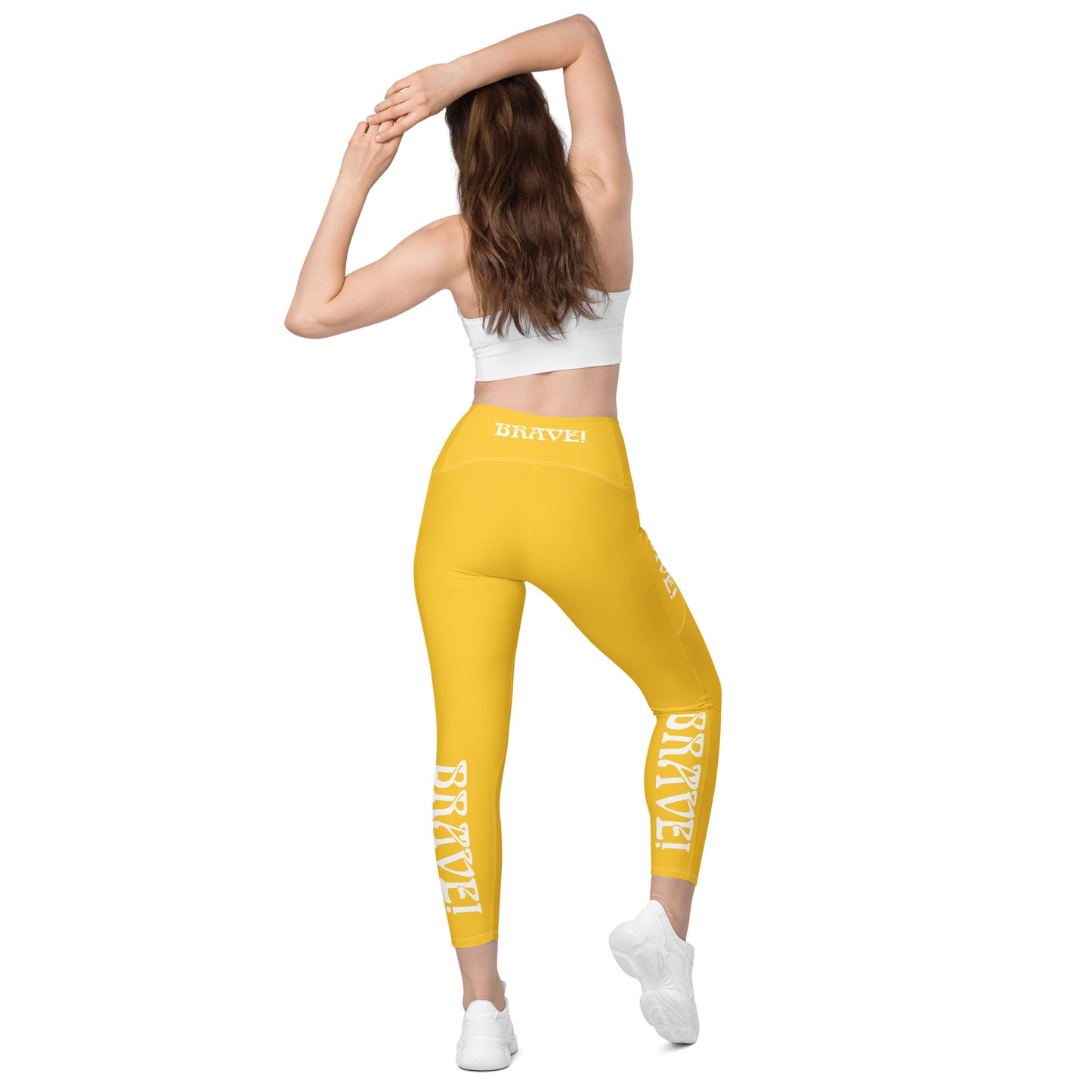 “BRAVE!” Yellow Leggings W/Pockets & White Font